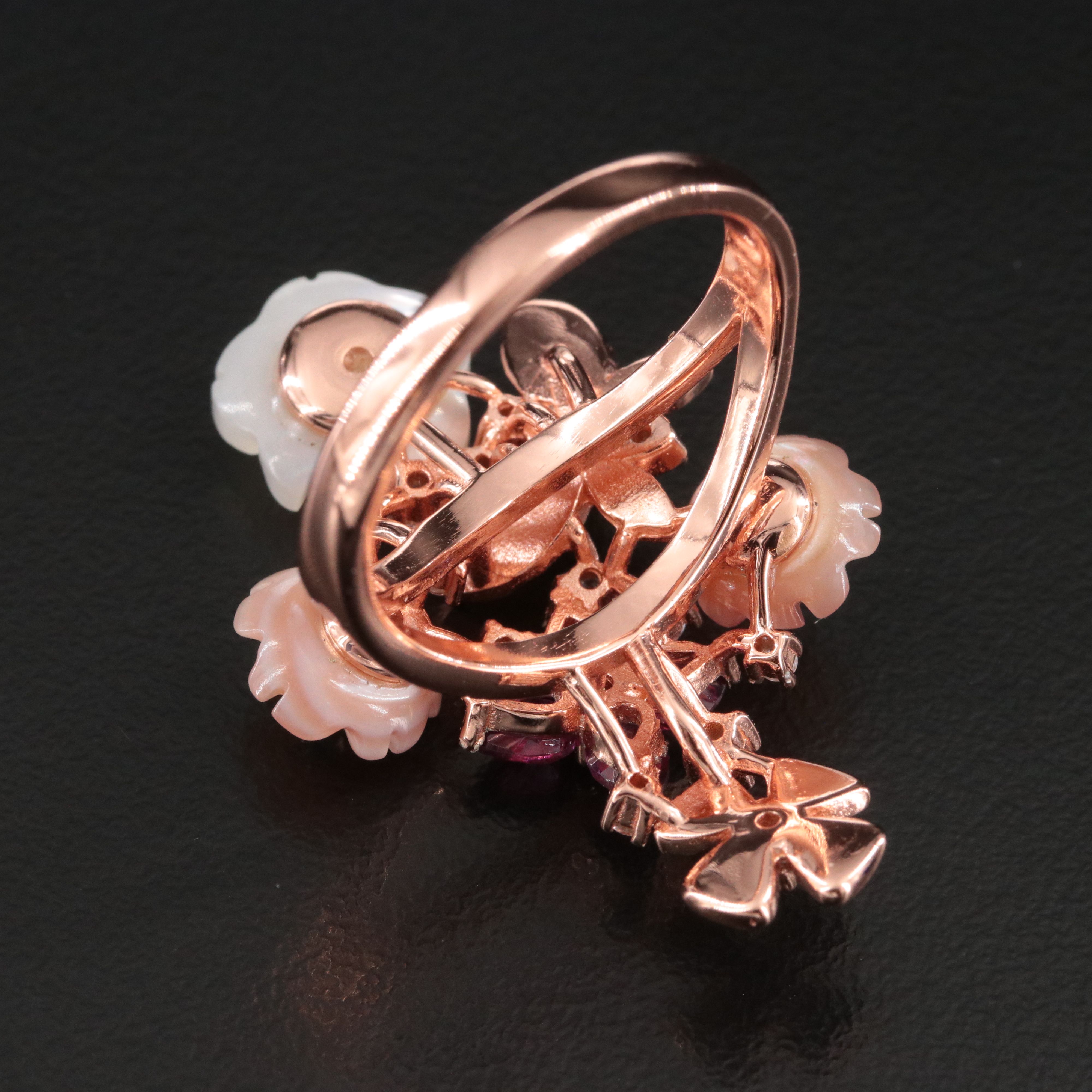 Sterling Flower Ring with Mother-of-Pearl, CZ, and Rhodolite Garnet