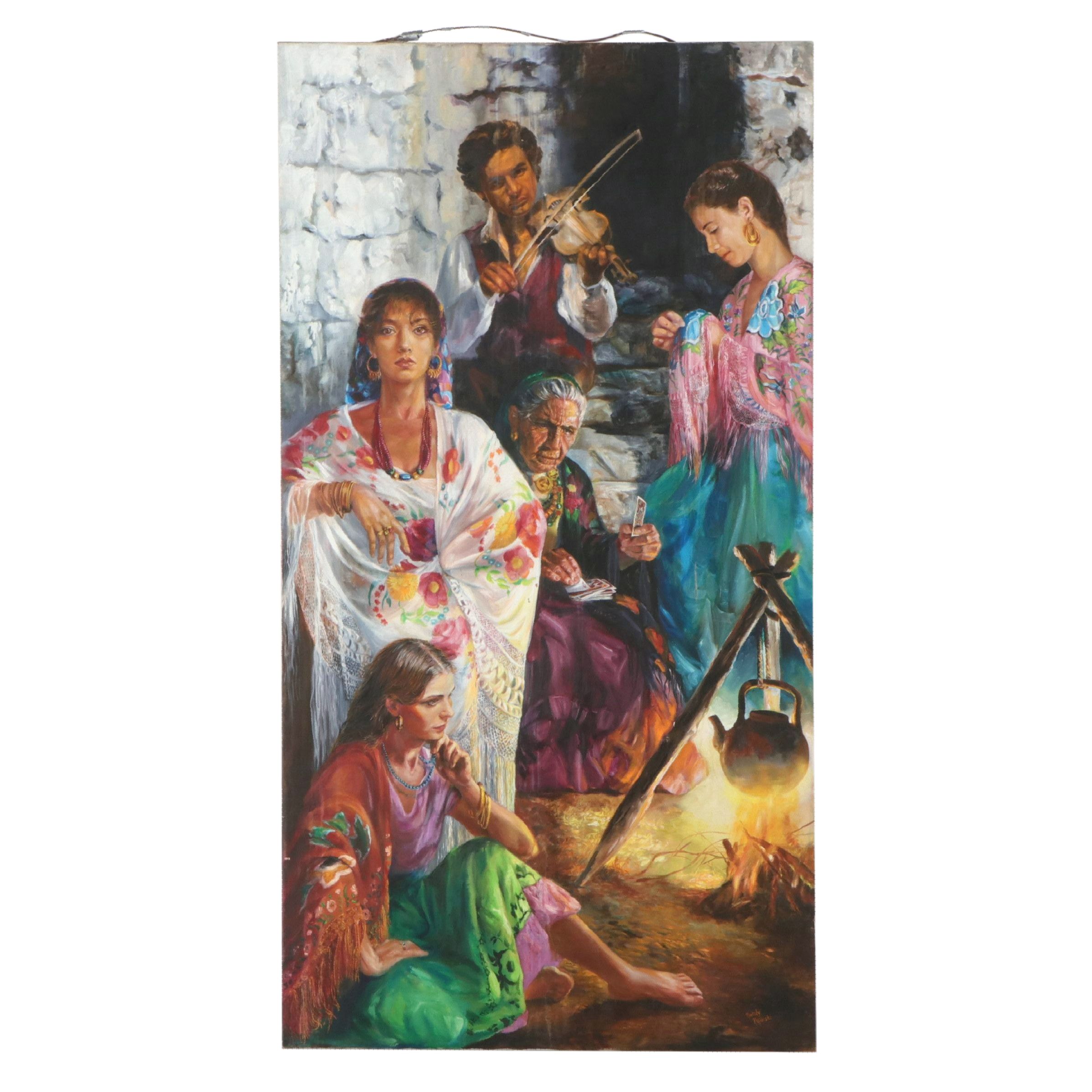 Nataly Nijinski Monumental Oil Painting of Figures by the Fire