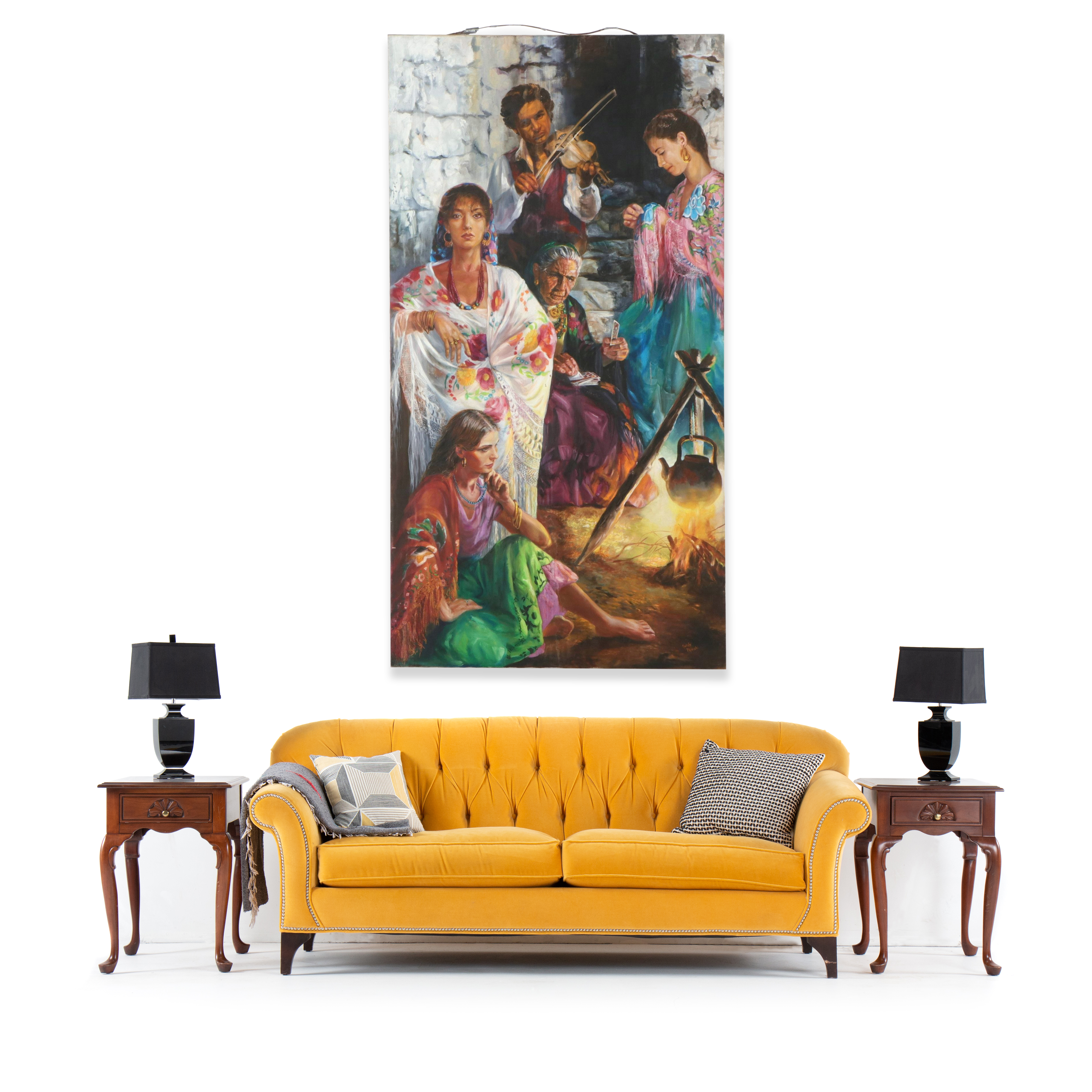 Nataly Nijinski Monumental Oil Painting of Figures by the Fire