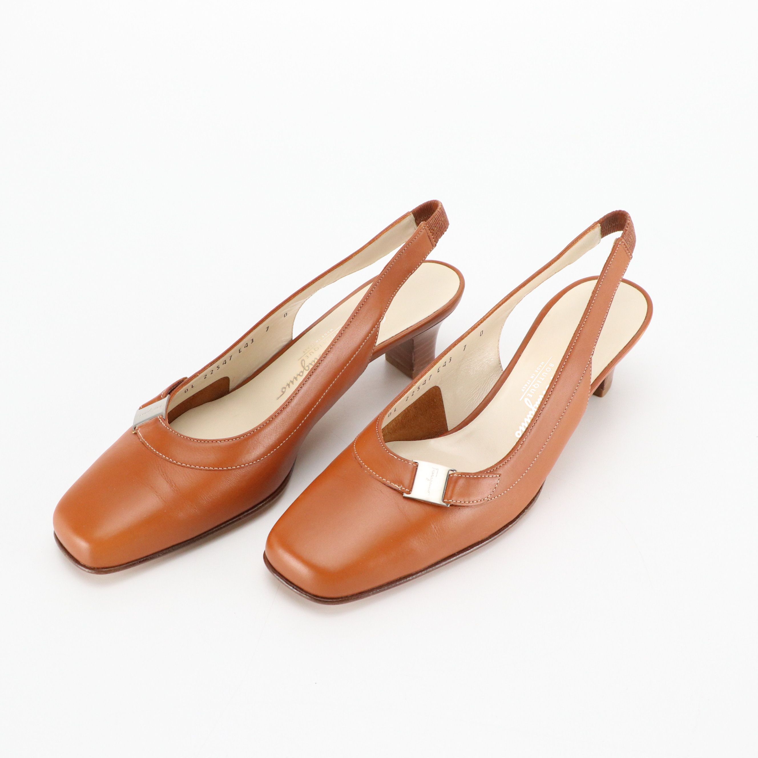 Salvatore Ferragamo Square-Toe Low Heeled Slingback Shoes in Caramel Leather