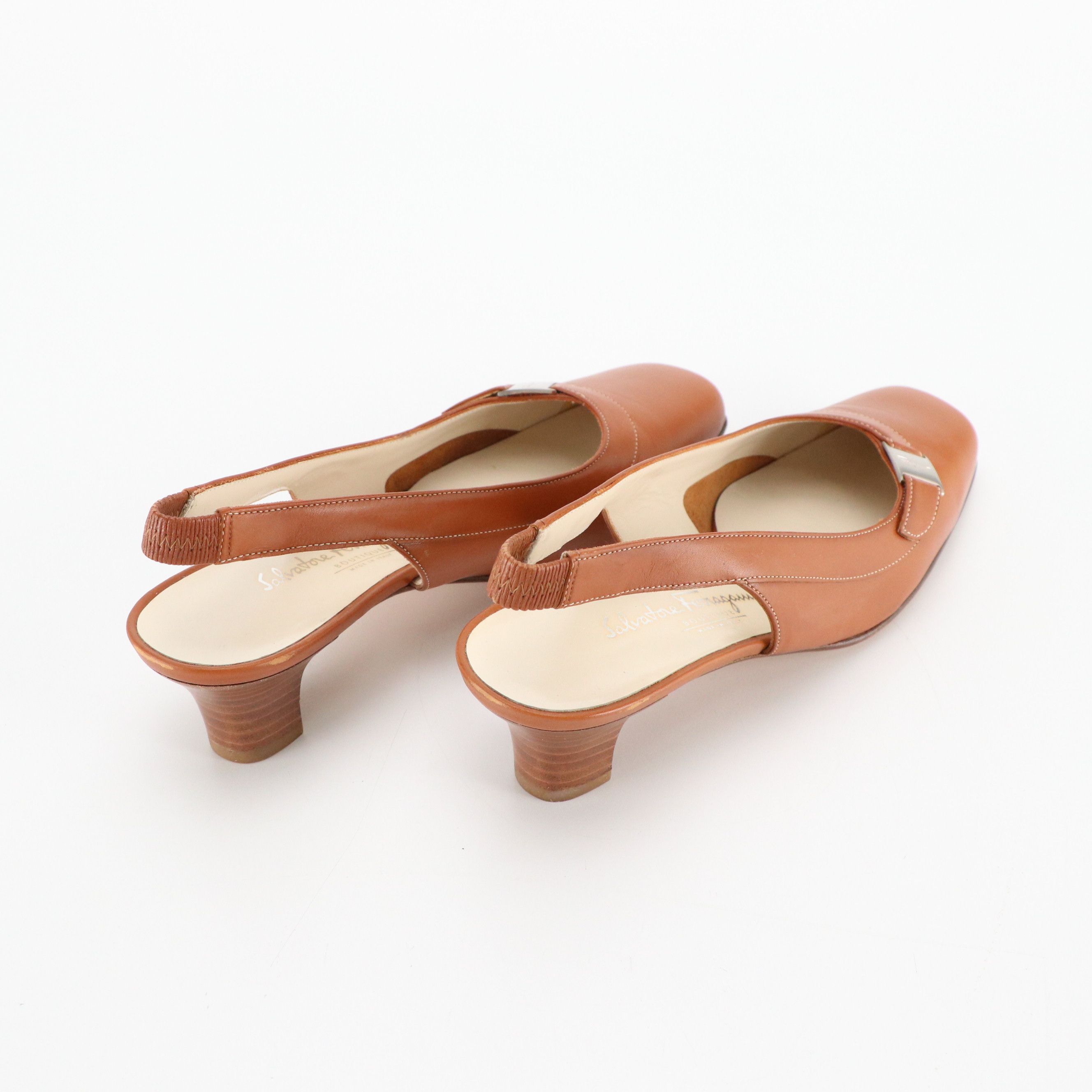 Salvatore Ferragamo Square-Toe Low Heeled Slingback Shoes in Caramel Leather