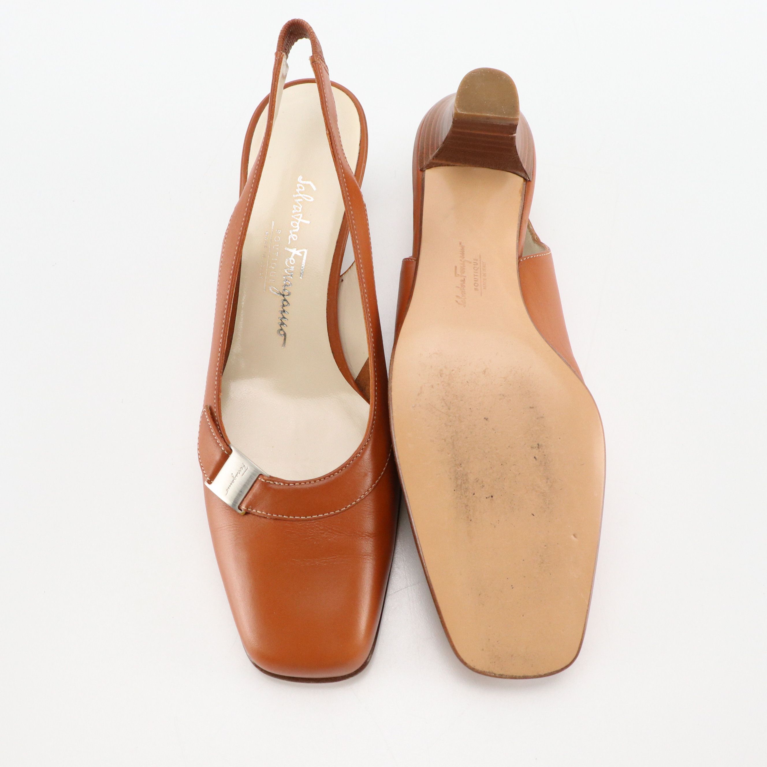 Salvatore Ferragamo Square-Toe Low Heeled Slingback Shoes in Caramel Leather