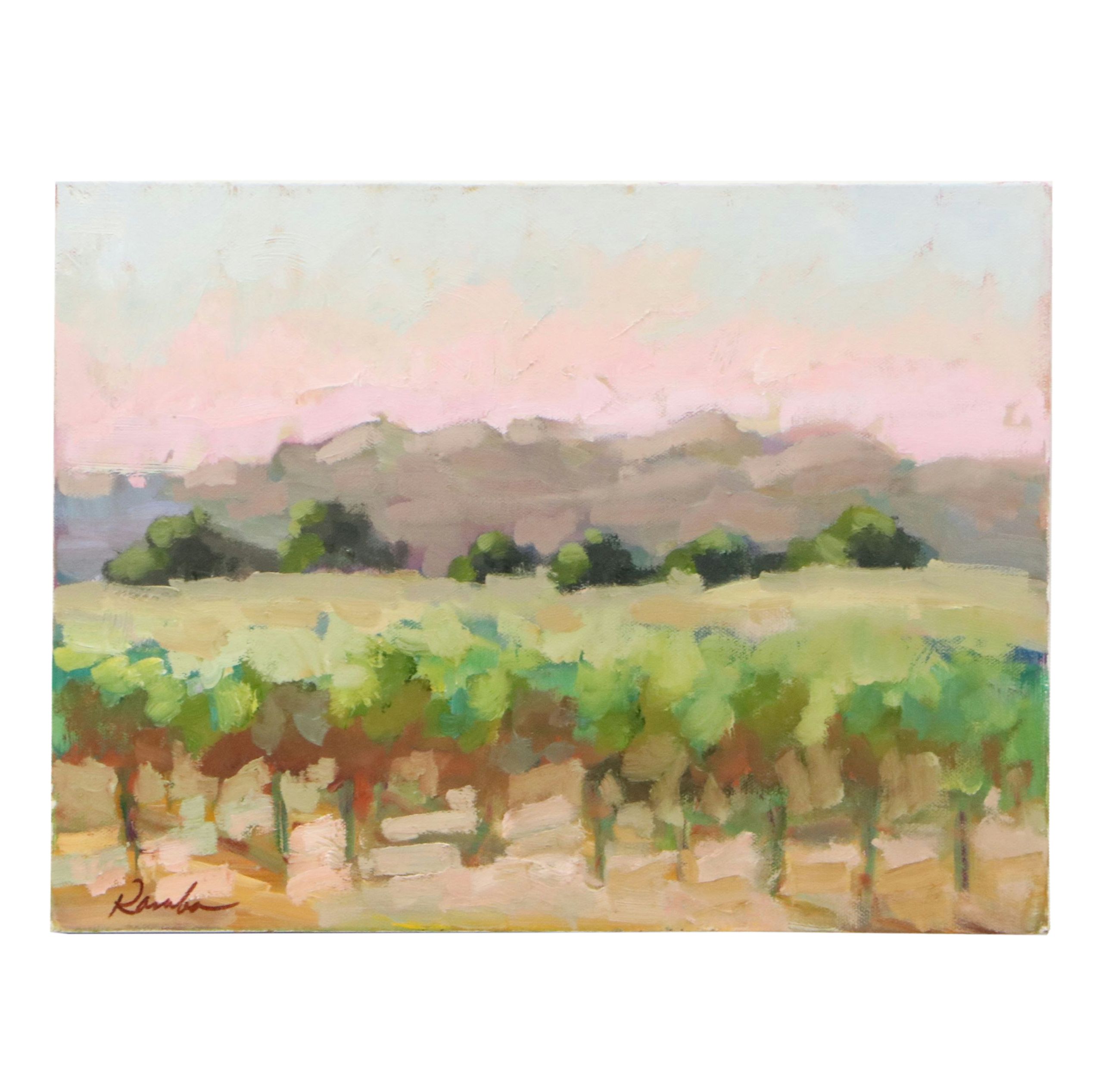 Sally Rosenbaum Impressionistic Oil Painting of Vineyard, 21st Century