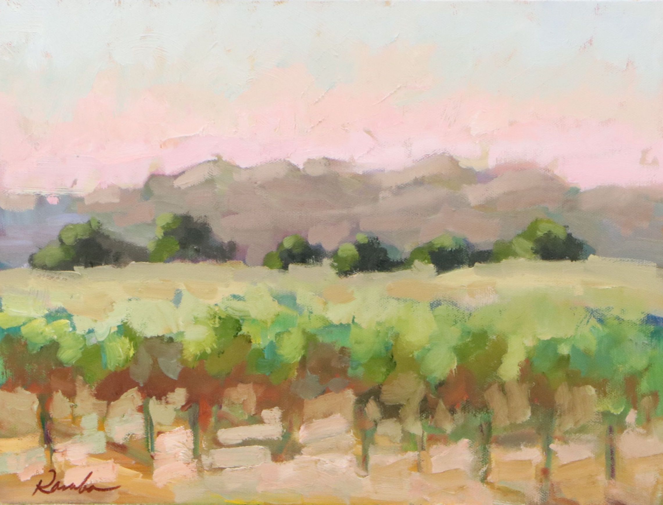 Sally Rosenbaum Impressionistic Oil Painting of Vineyard, 21st Century
