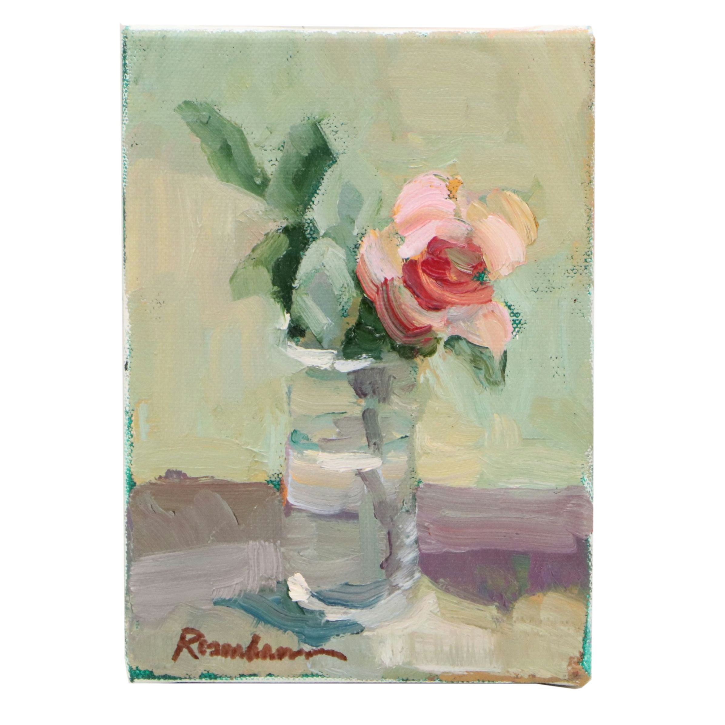 Sally Rosenbaum Oil Painting of Rose in Vase, 21st Century