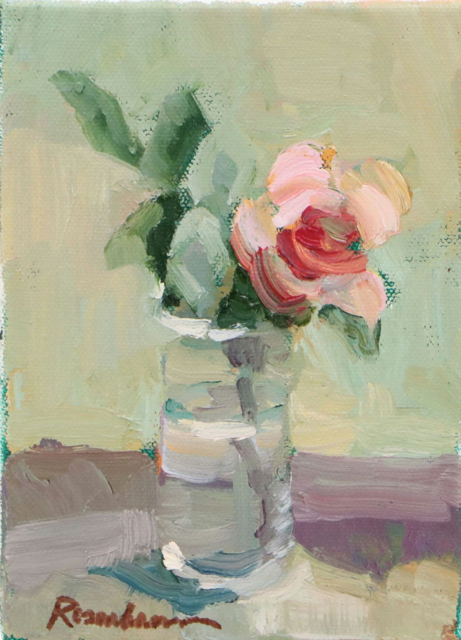 Sally Rosenbaum Oil Painting of Rose in Vase, 21st Century