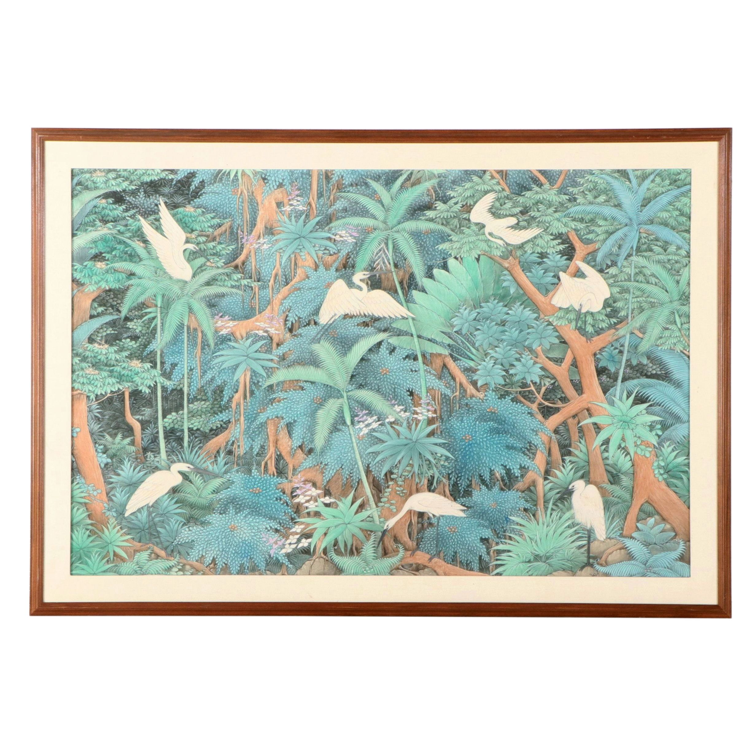 Southeast Asian School Large-Scale Watercolor Painting of Foliage and Cranes