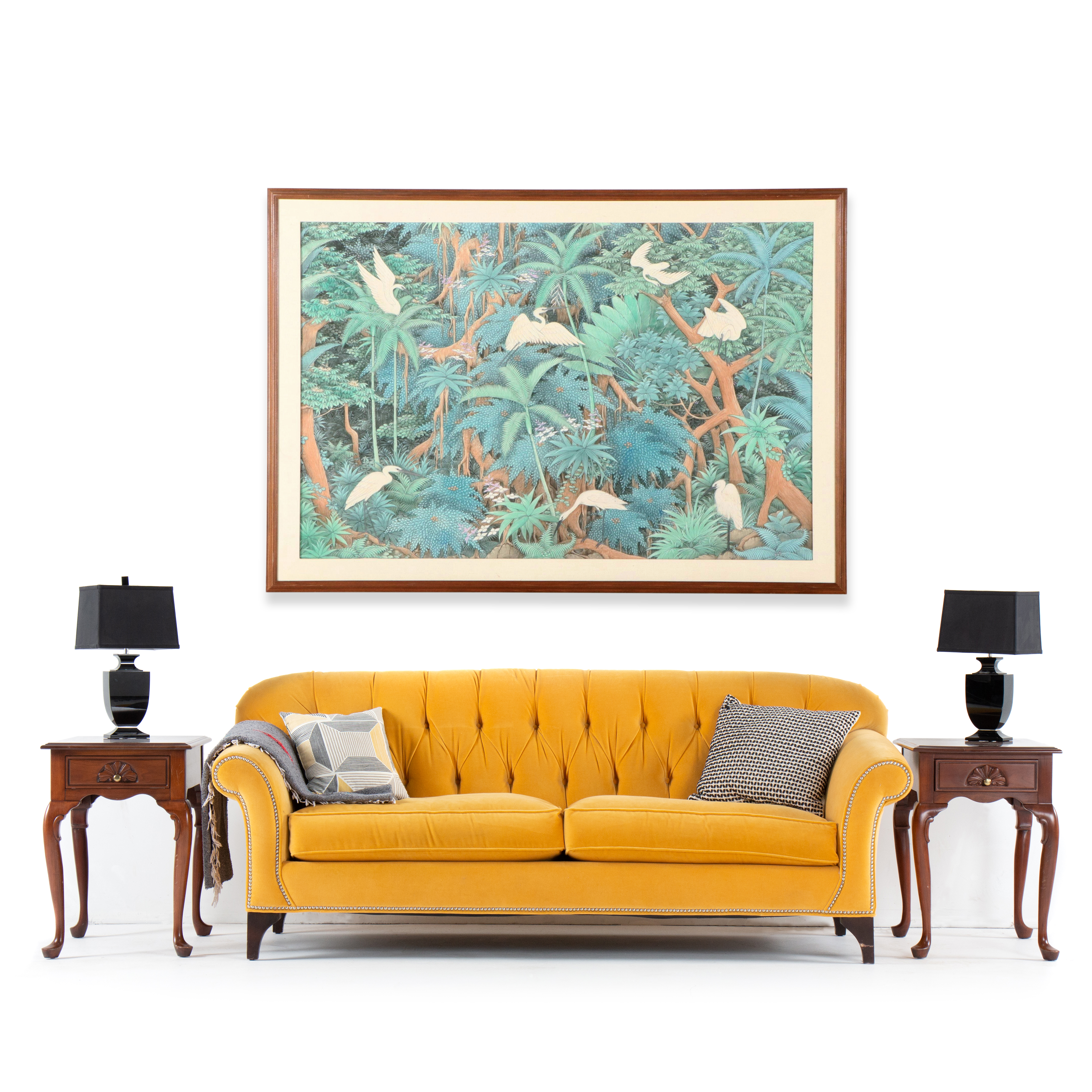 Southeast Asian School Large-Scale Watercolor Painting of Foliage and Cranes