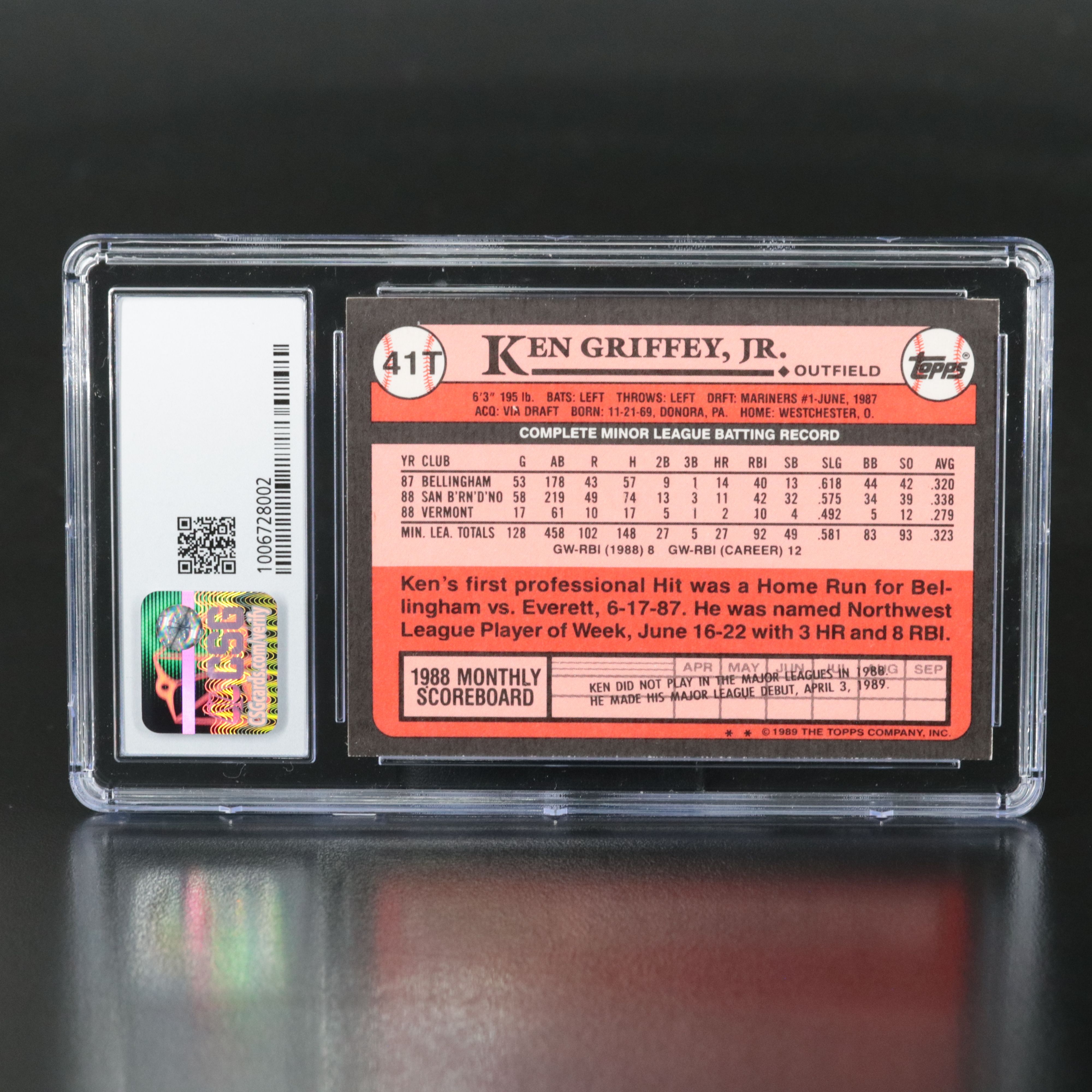 1989 Topps Traded Ken Griffey Jr. Rookie Baseball Card Graded CSG 9