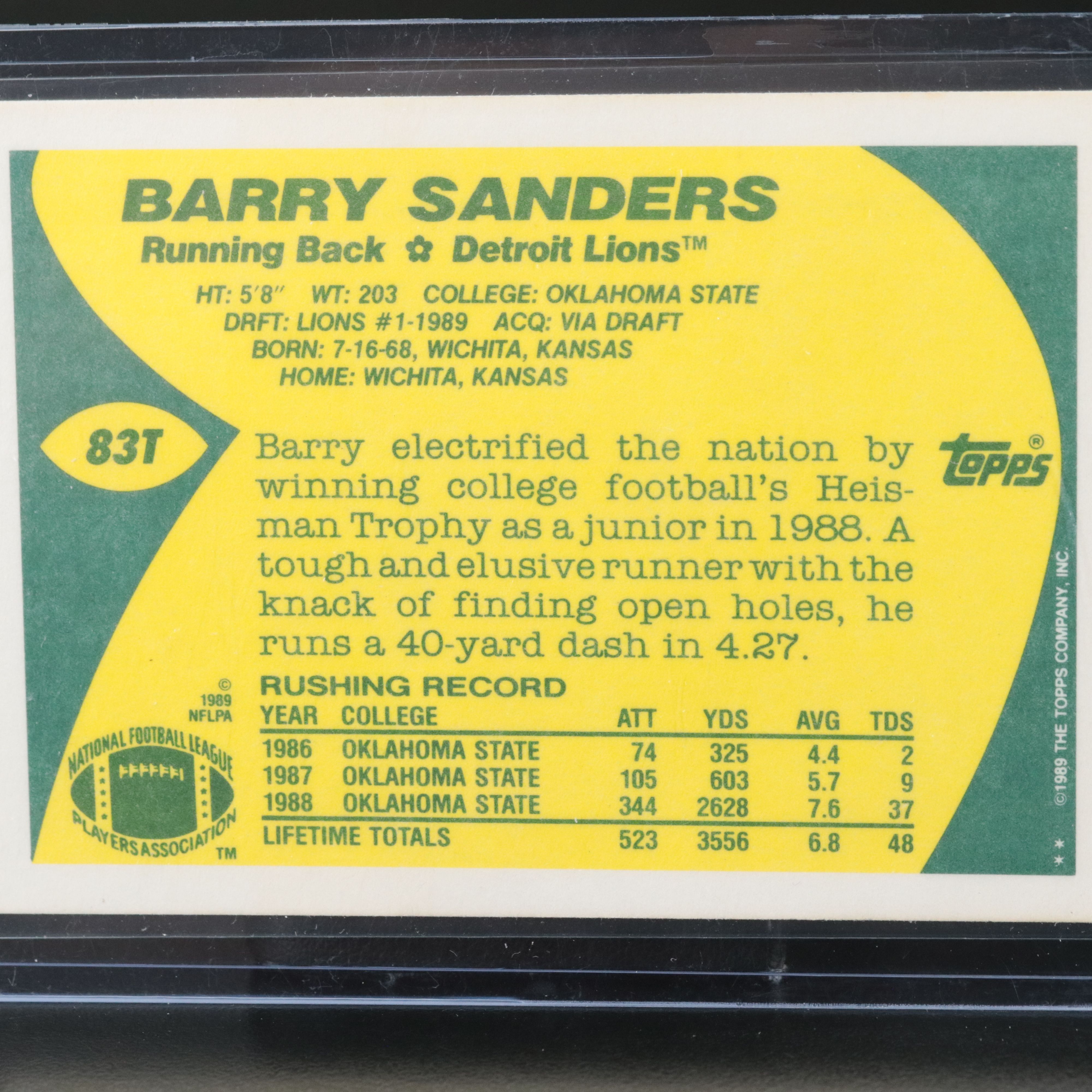 1989 Topps Traded Barry Sanders Detroit Lions Rookie Football Card