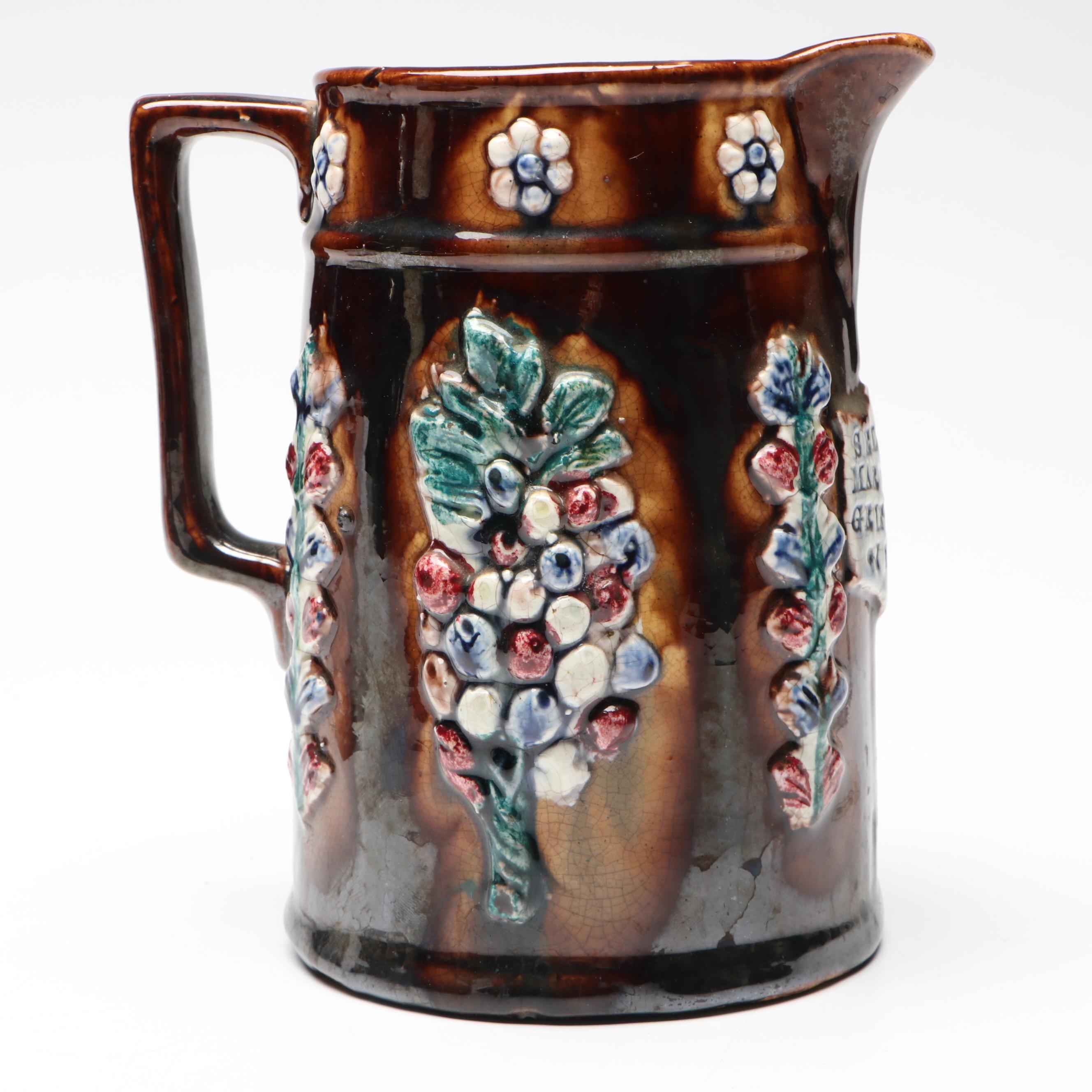 English Victorian Floral Decorated Bargeware Pitcher, 1885