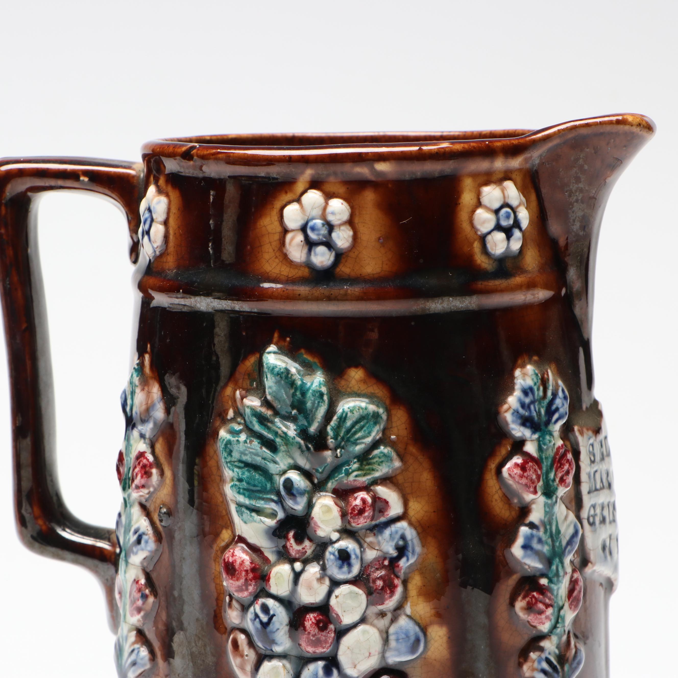 English Victorian Floral Decorated Bargeware Pitcher, 1885