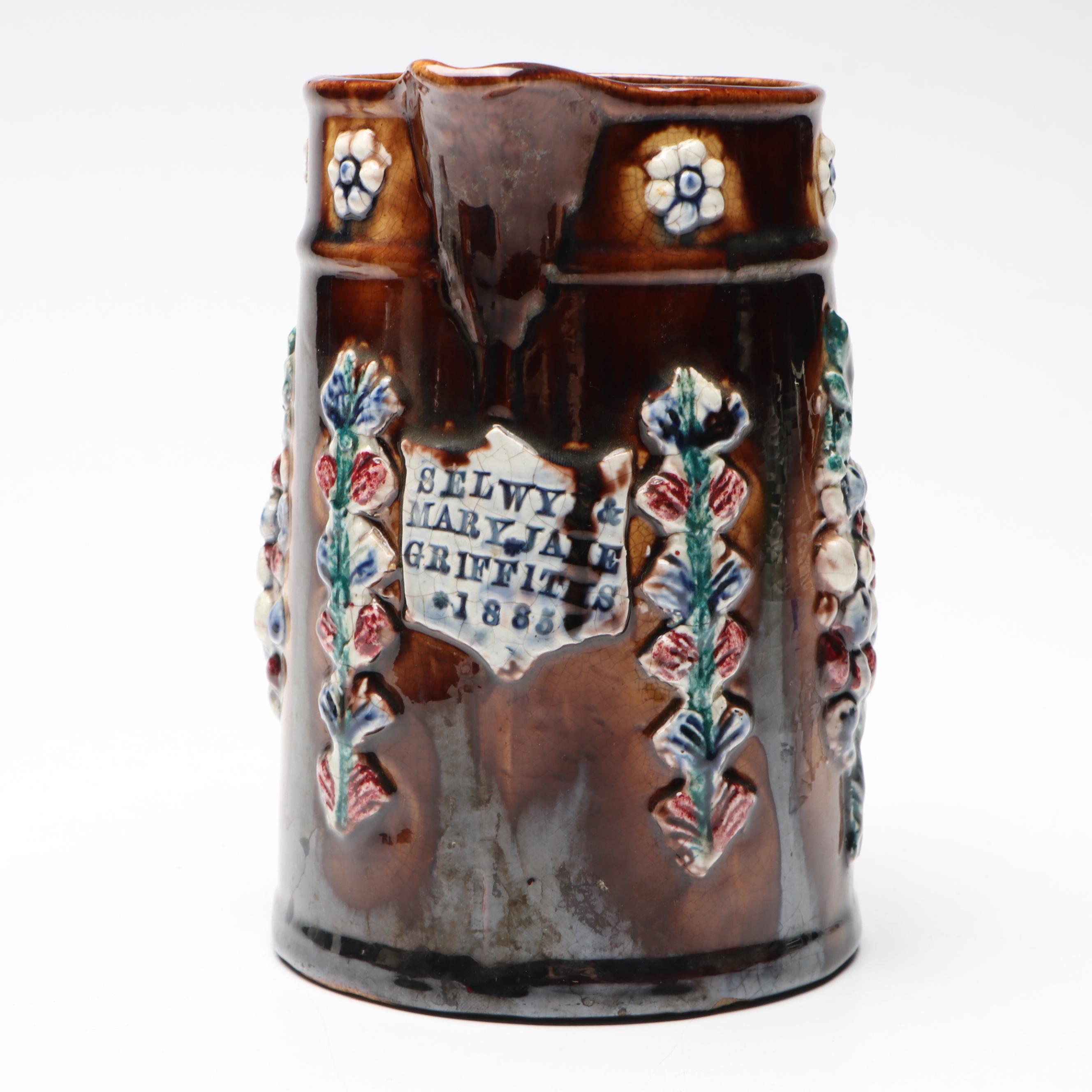 English Victorian Floral Decorated Bargeware Pitcher, 1885