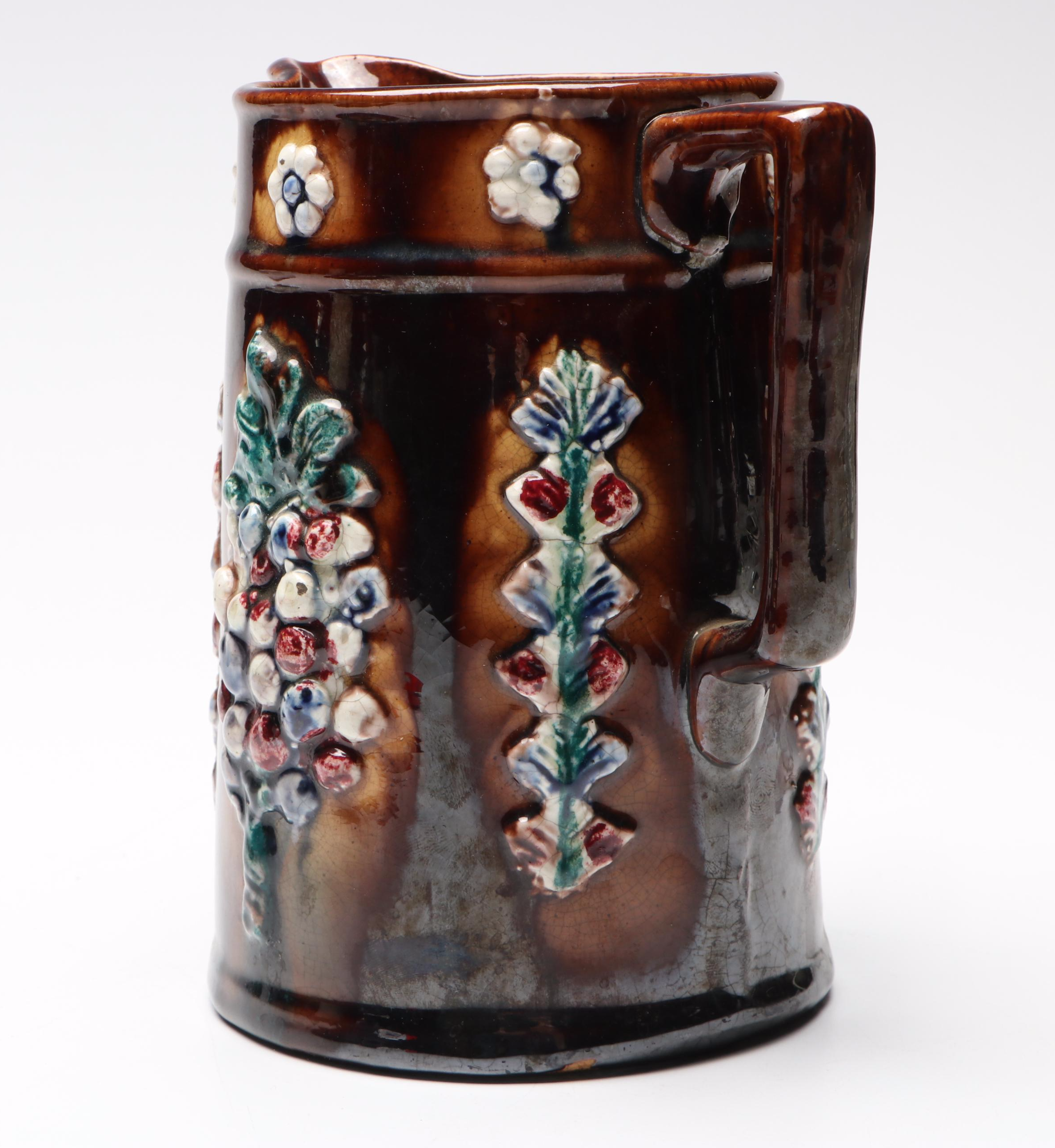 English Victorian Floral Decorated Bargeware Pitcher, 1885