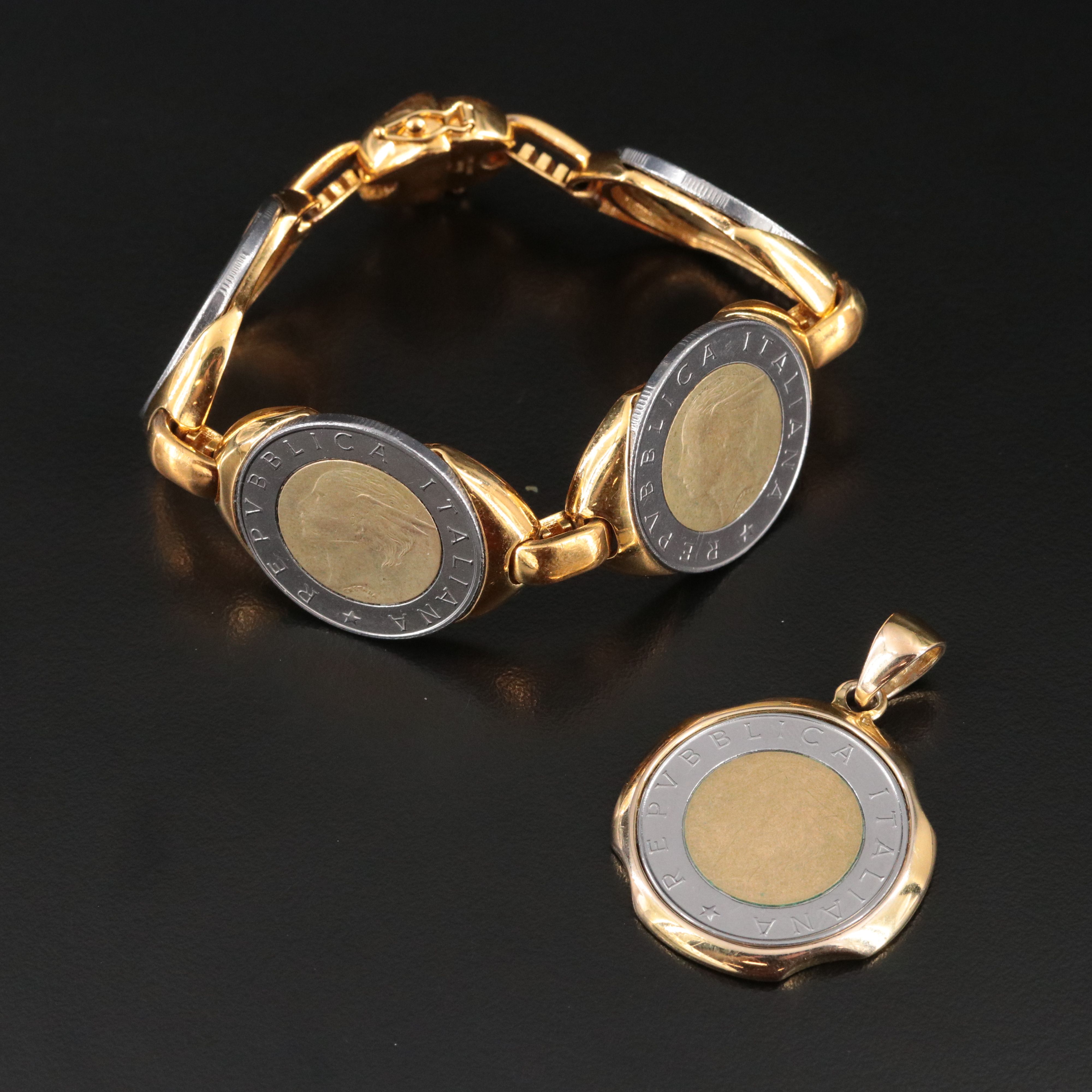 Italian Lire Coin Bracelet and Veronese Pendant Including Sterling