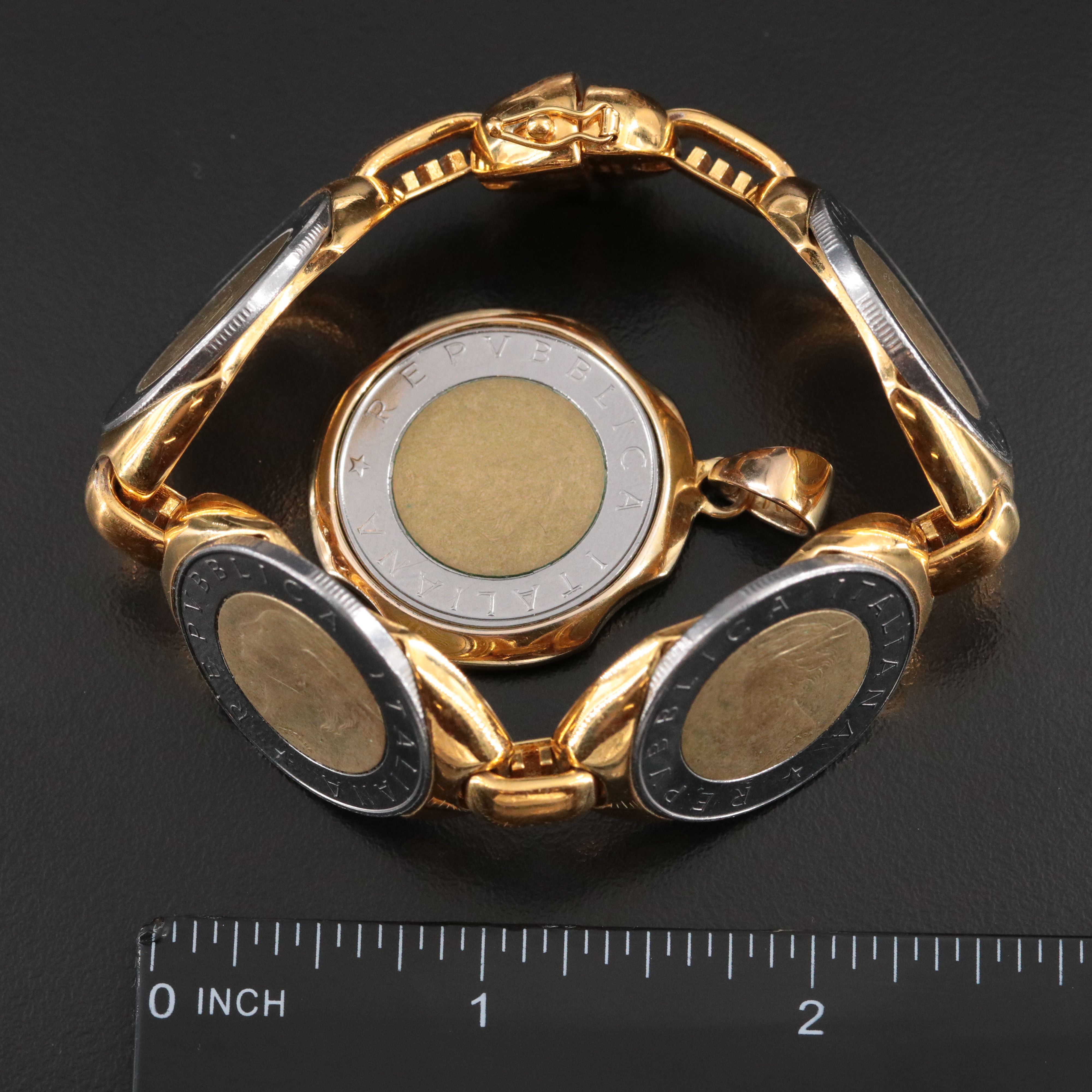 Italian Lire Coin Bracelet and Veronese Pendant Including Sterling