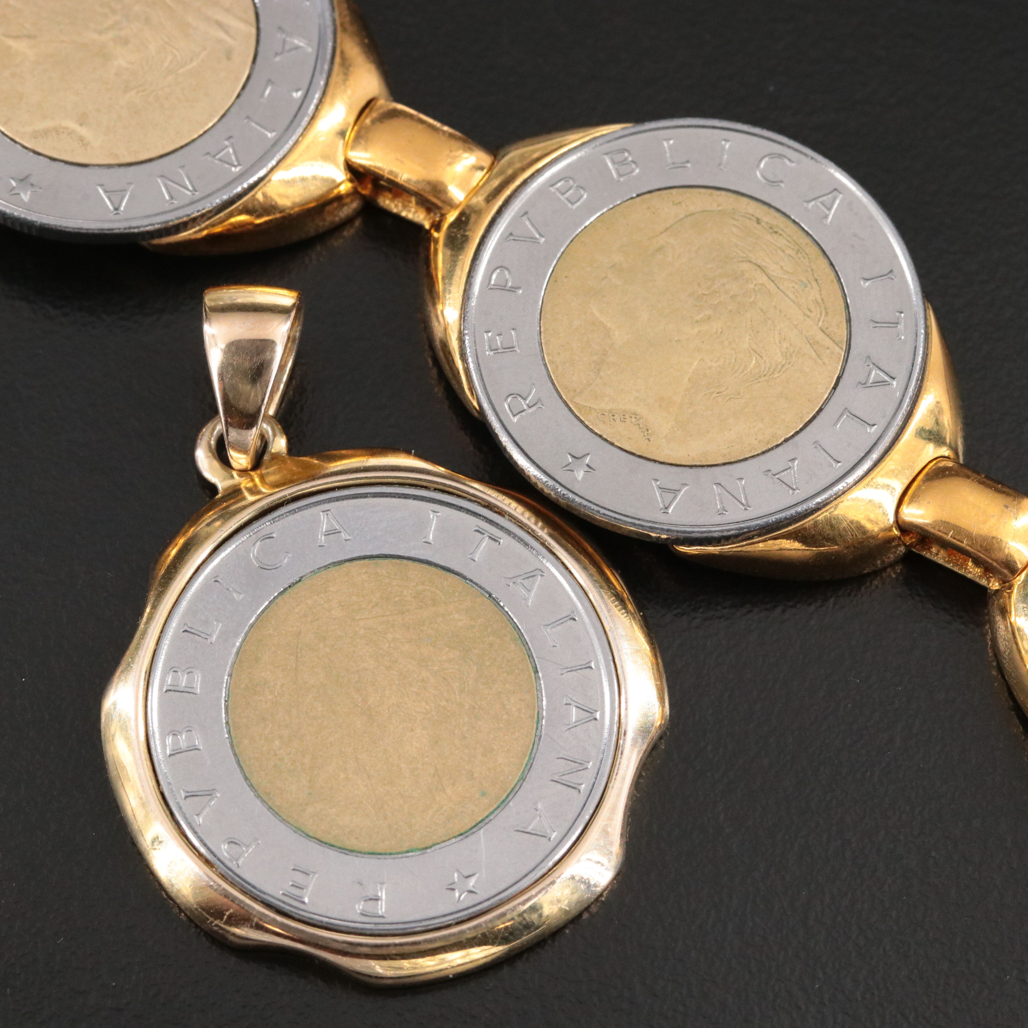 Italian Lire Coin Bracelet and Veronese Pendant Including Sterling