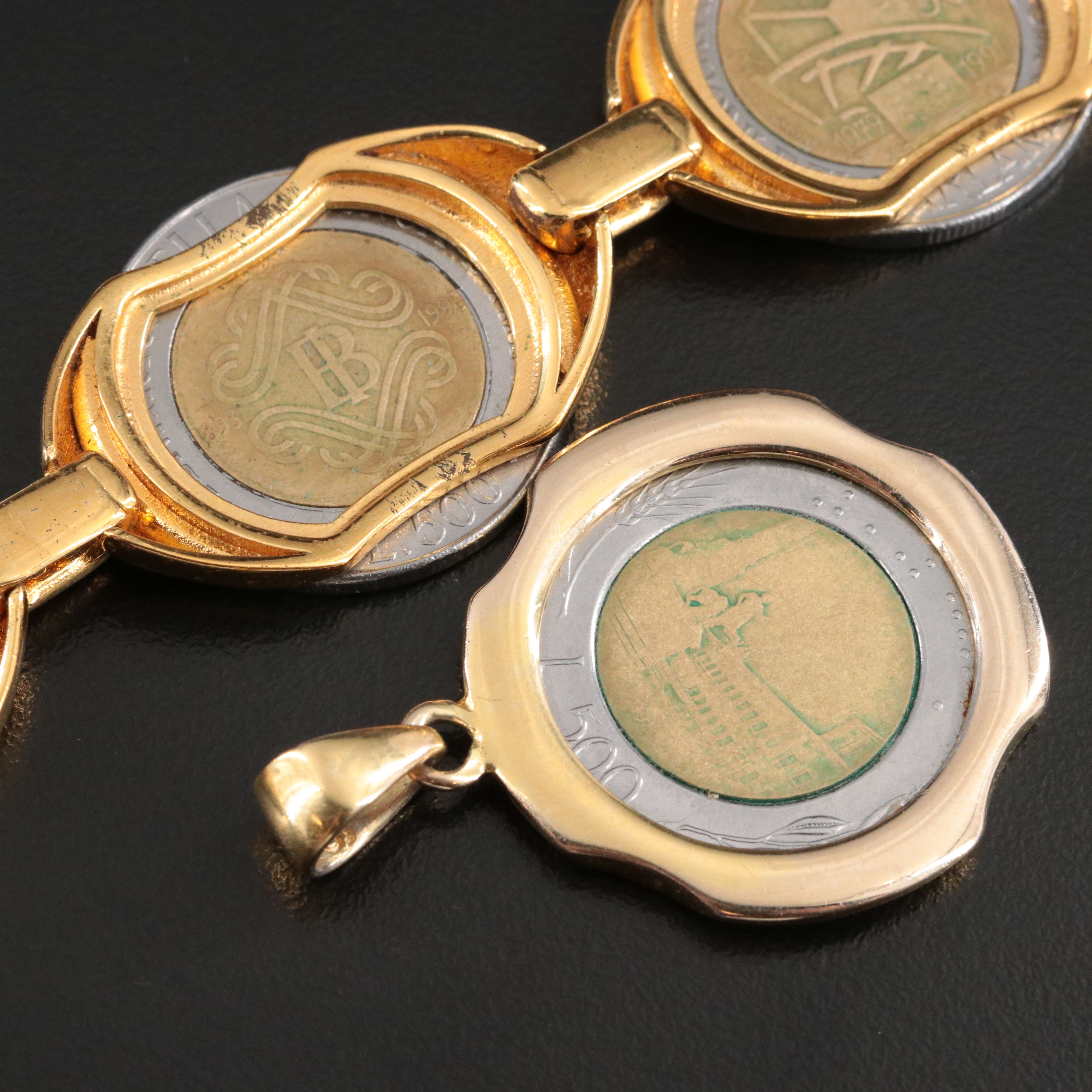 Italian Lire Coin Bracelet and Veronese Pendant Including Sterling