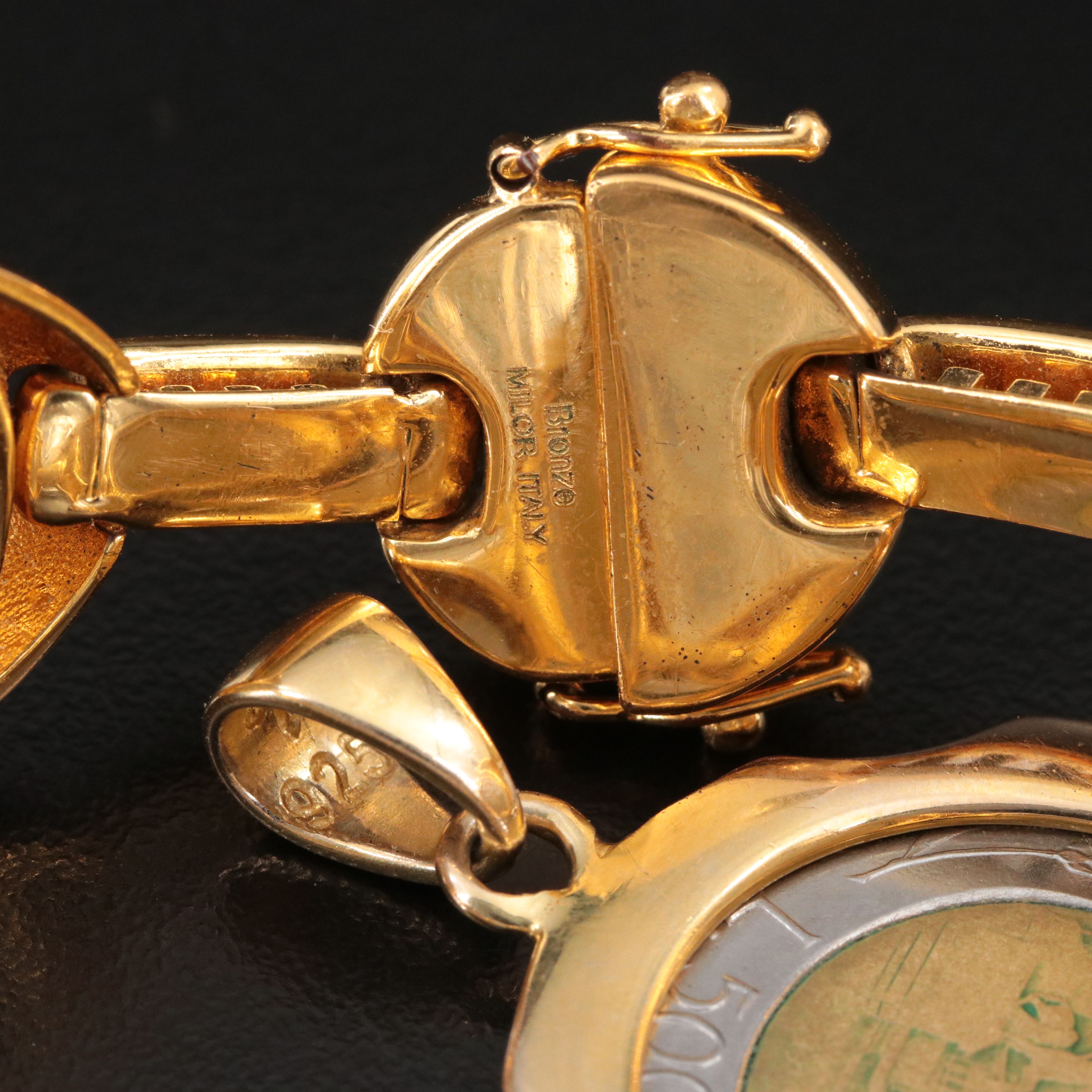 Italian Lire Coin Bracelet and Veronese Pendant Including Sterling