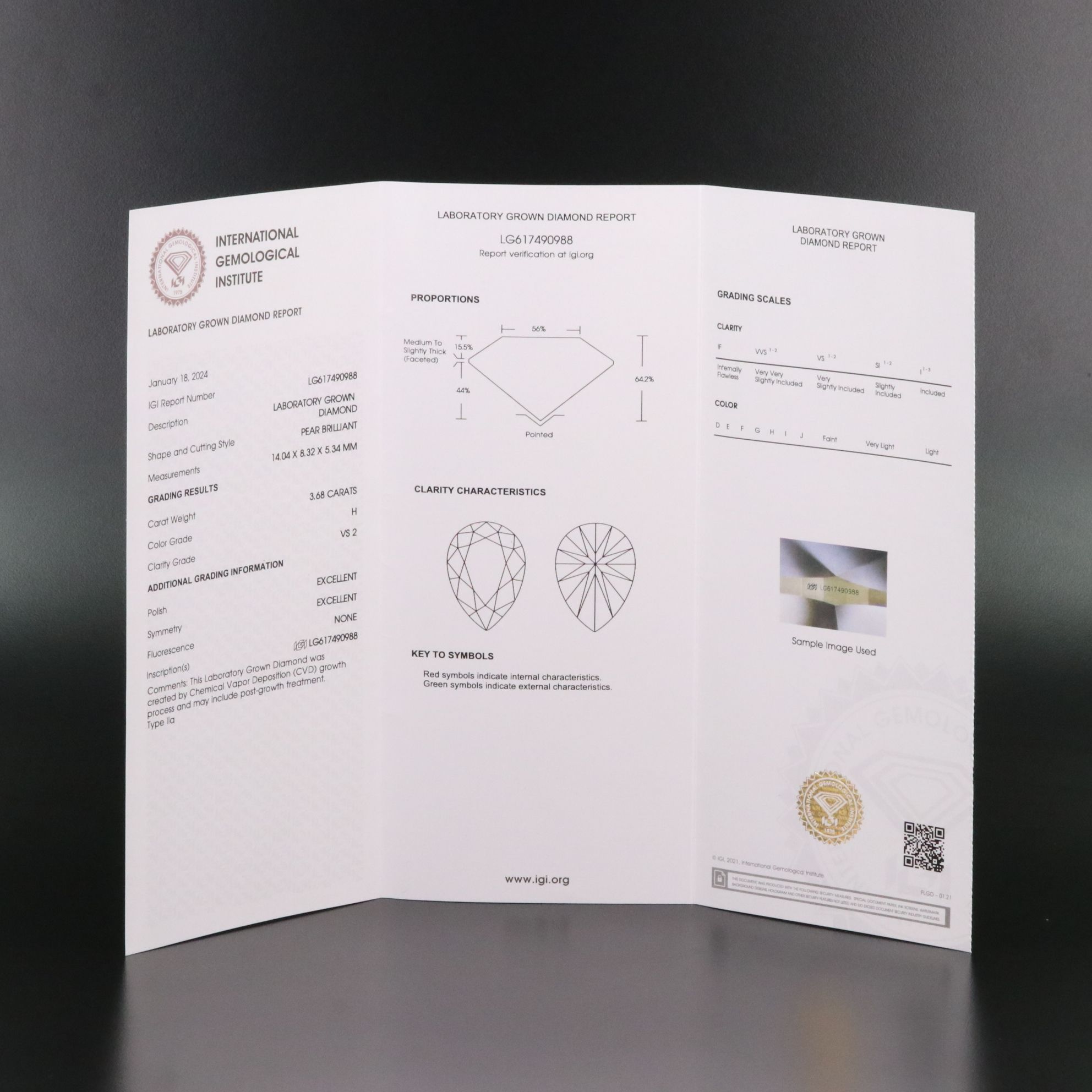 Loose 3.68 CT Lab Grown Diamond with IGI Report