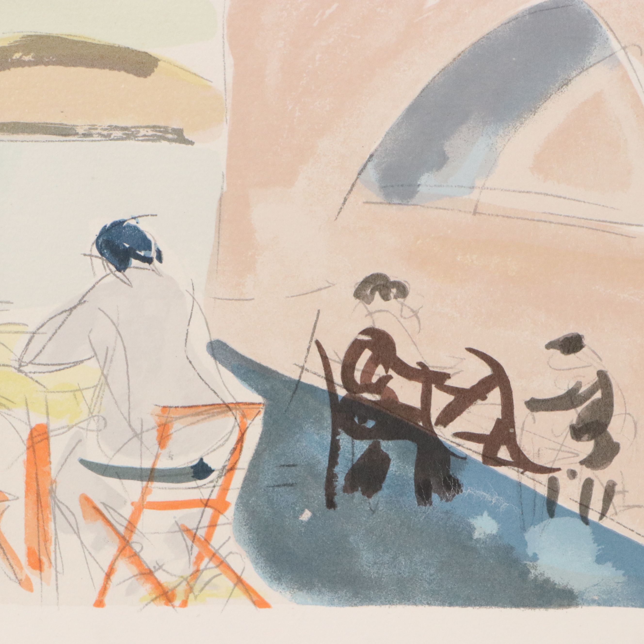 Shimshon Holtzman Color Lithograph "Cafe on the Sea of Galilee," Late 20th C.