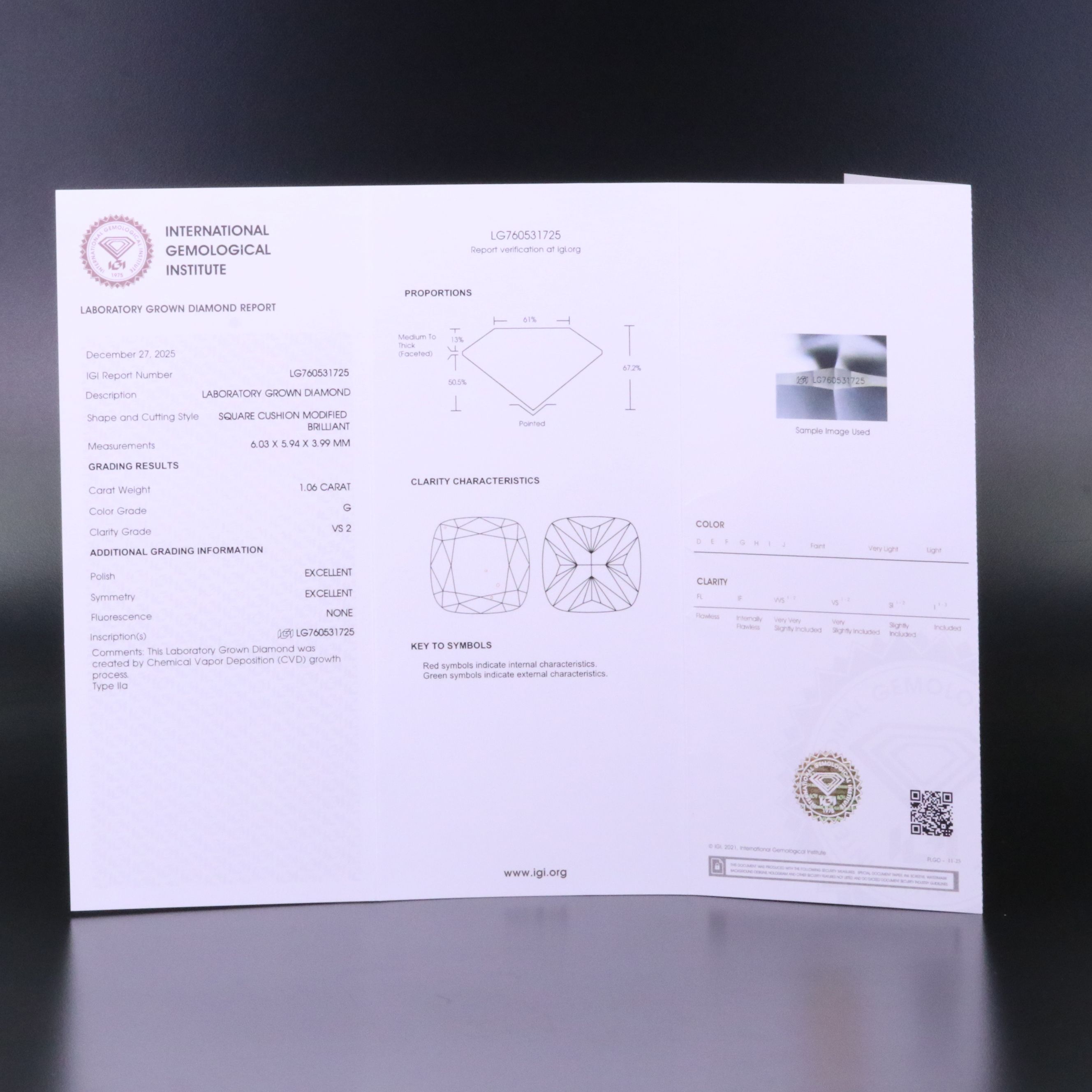 Loose 1.06 CT Lab Grown Diamond with IGI Report