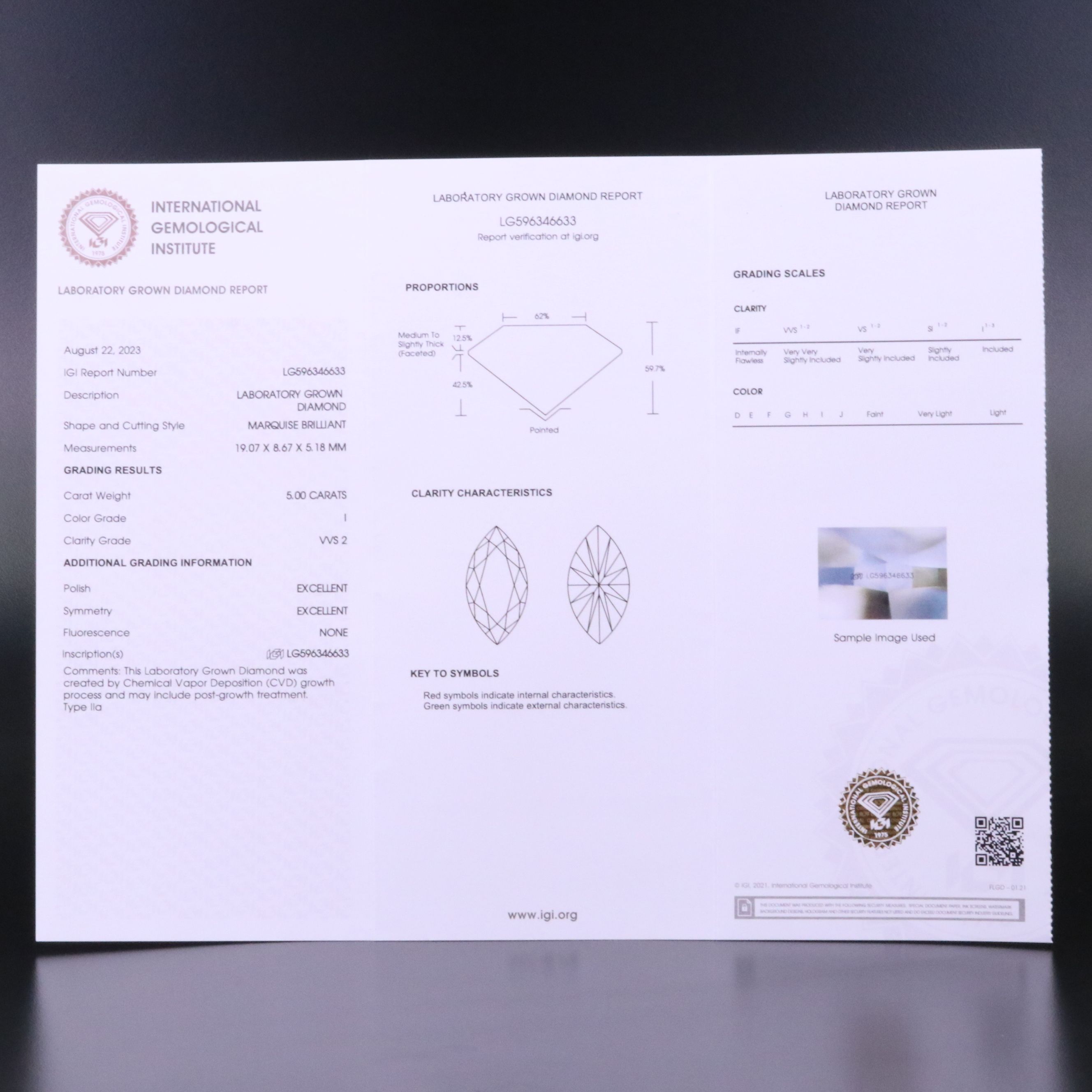 Loose 5.00 CT Lab Grown Diamond with IGI Report