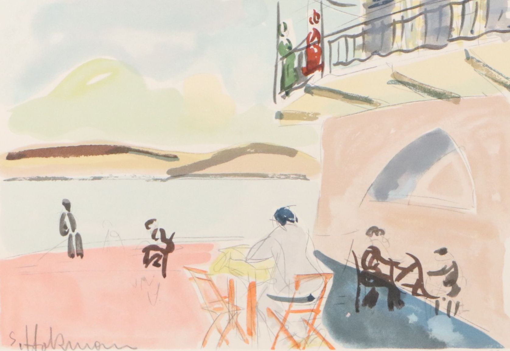 Shimshon Holtzman Color Lithograph "Cafe on the Sea of Galilee," Late 20th C.