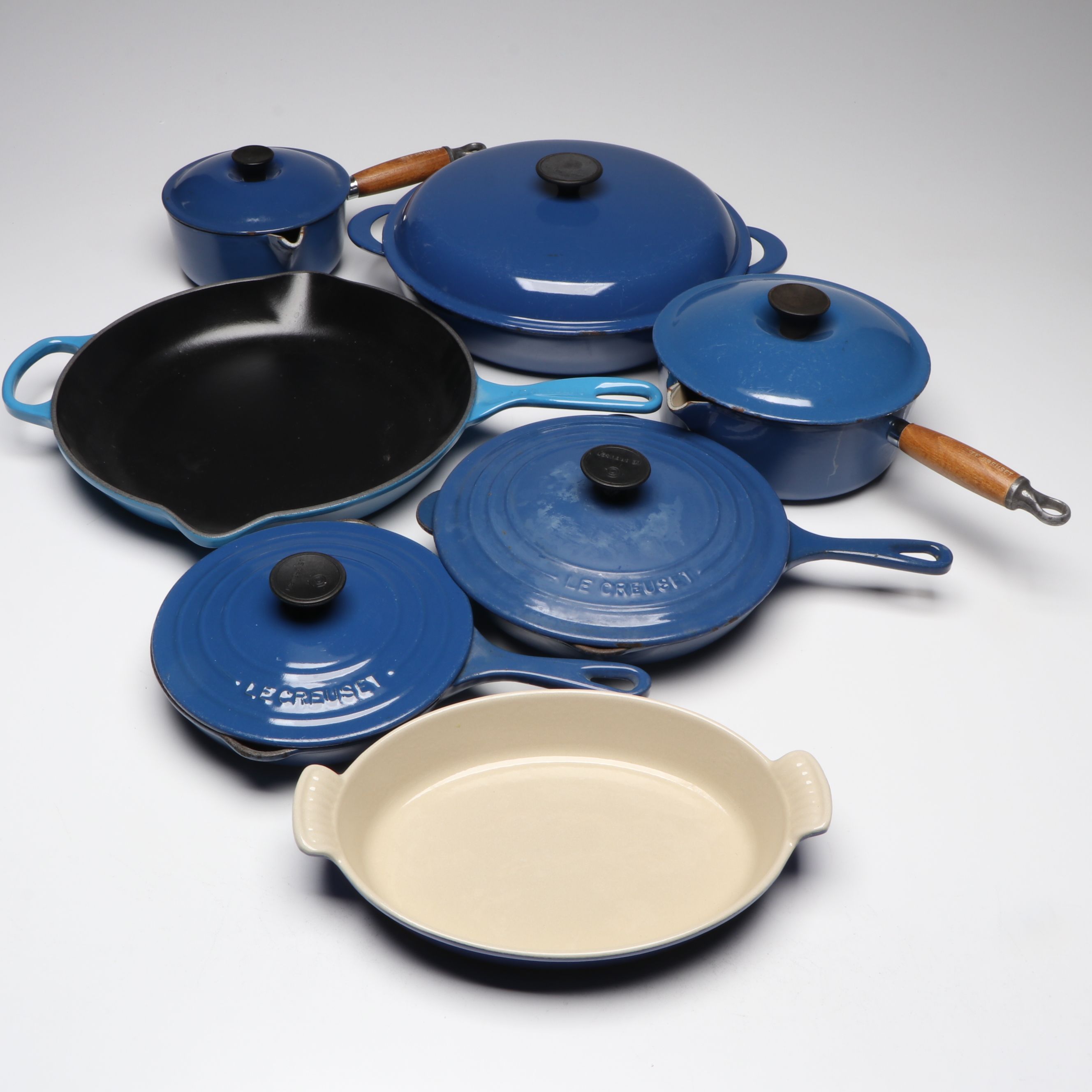 Le Creuset Blue Enameled Cast Iron Skillets, Saucepans, and Bakers