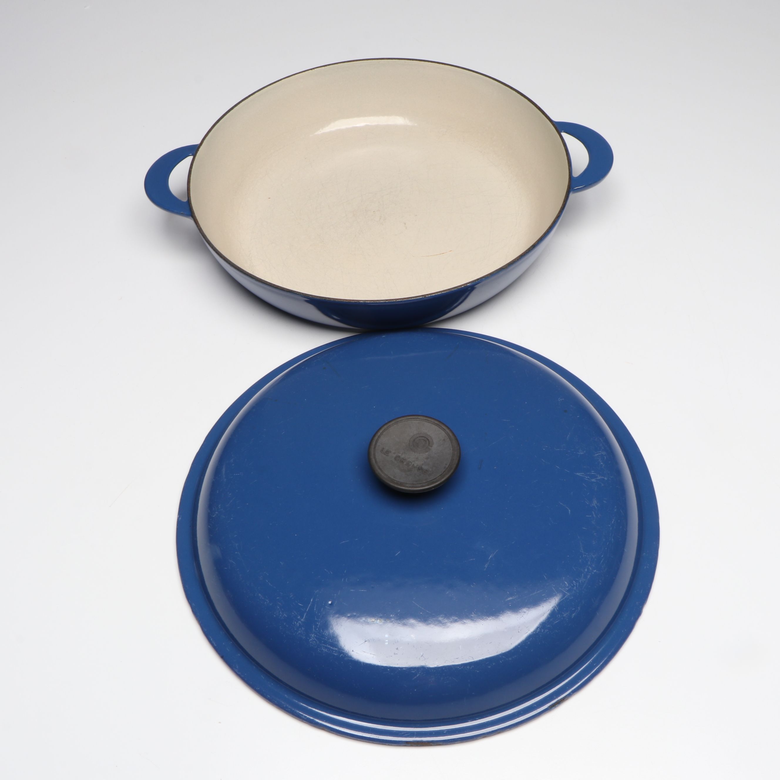 Le Creuset Blue Enameled Cast Iron Skillets, Saucepans, and Bakers