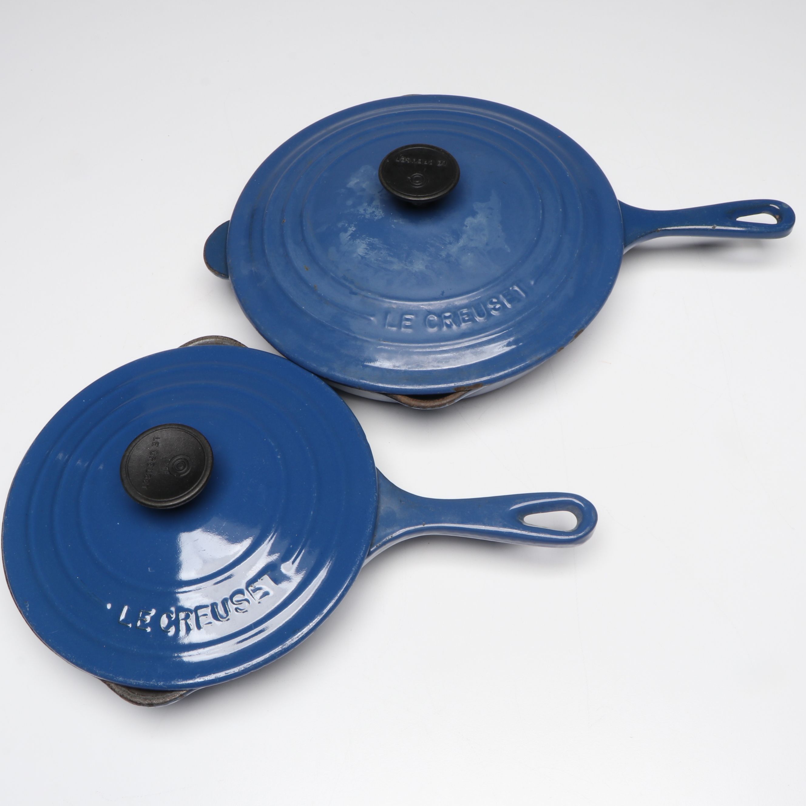Le Creuset Blue Enameled Cast Iron Skillets, Saucepans, and Bakers