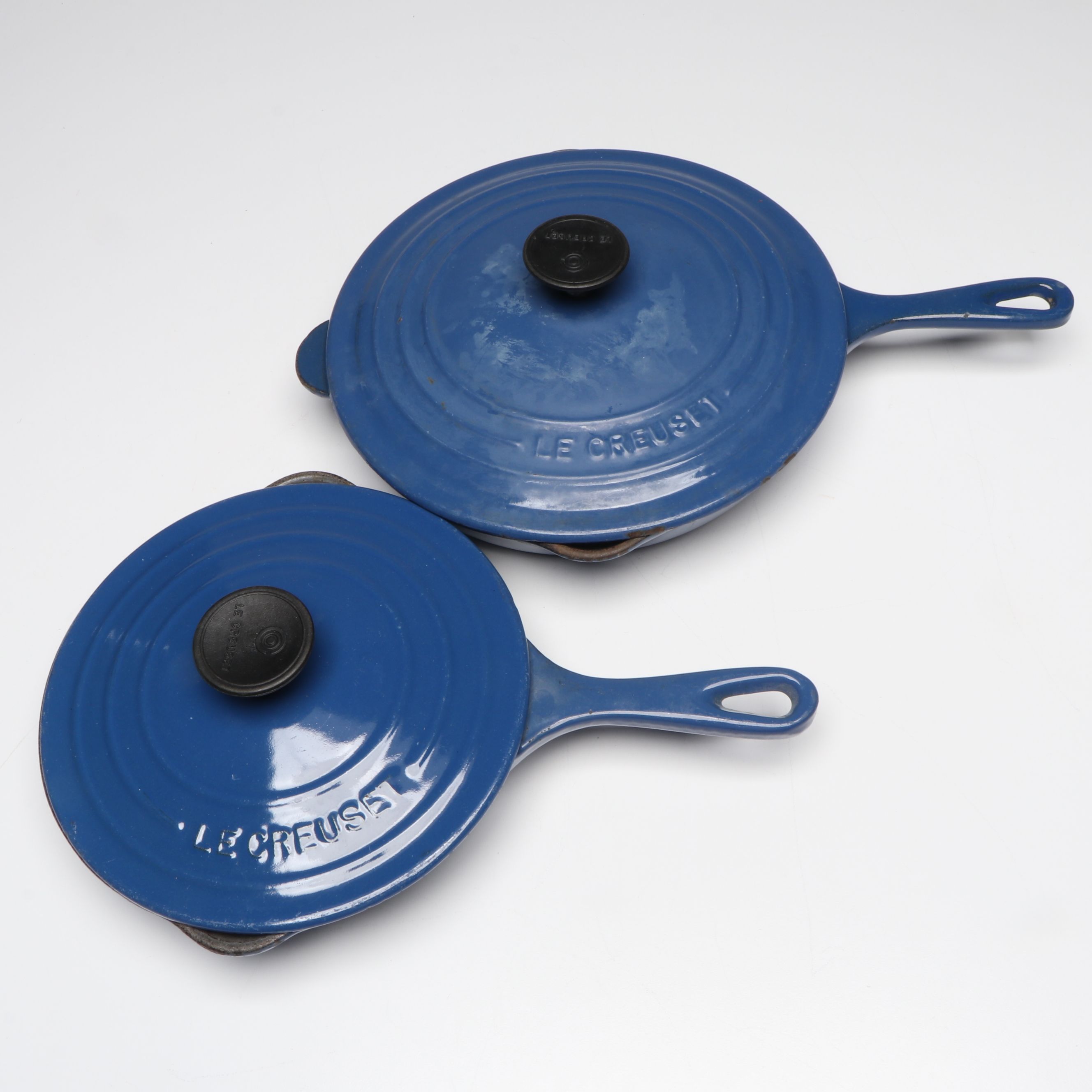 Le Creuset Blue Enameled Cast Iron Skillets, Saucepans, and Bakers