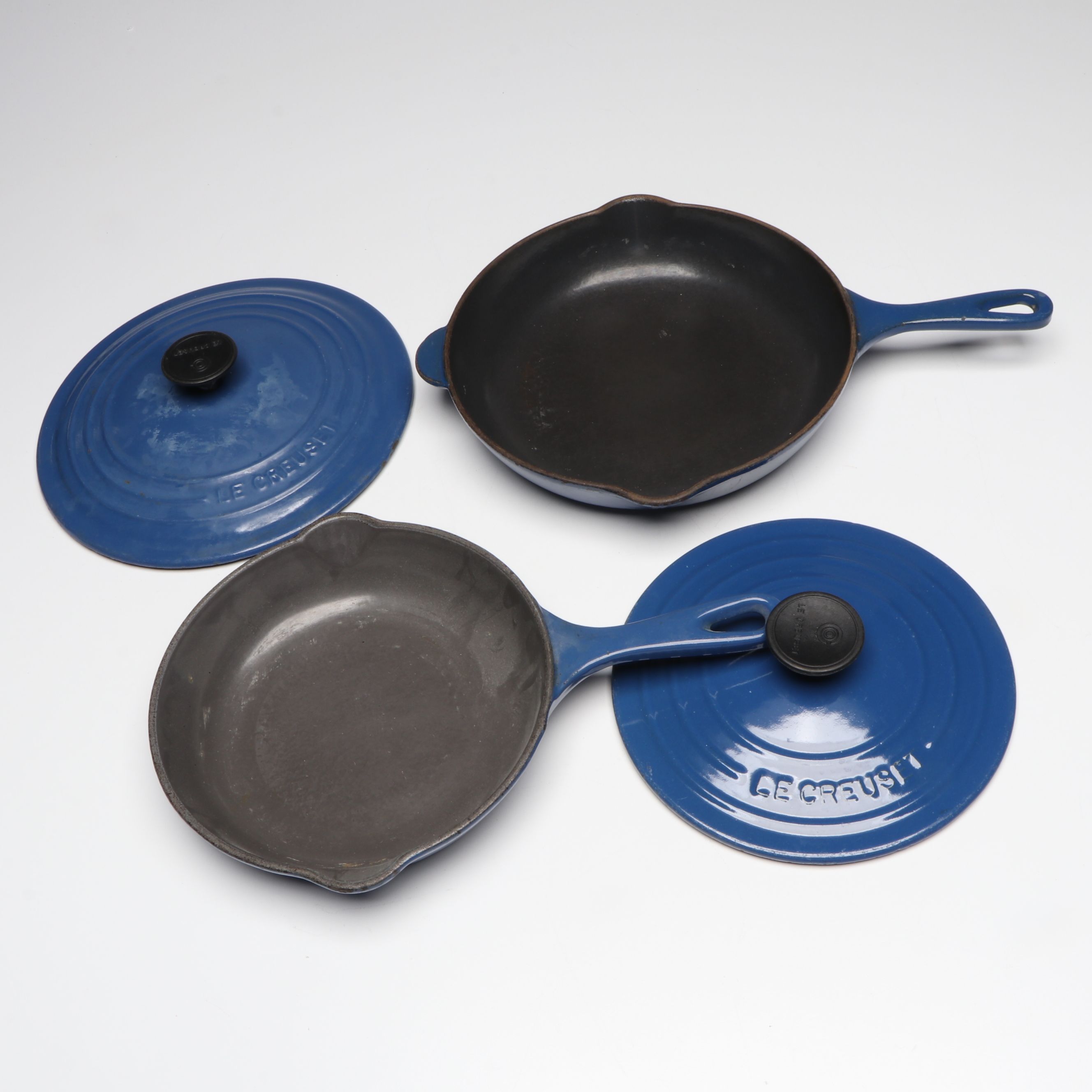 Le Creuset Blue Enameled Cast Iron Skillets, Saucepans, and Bakers
