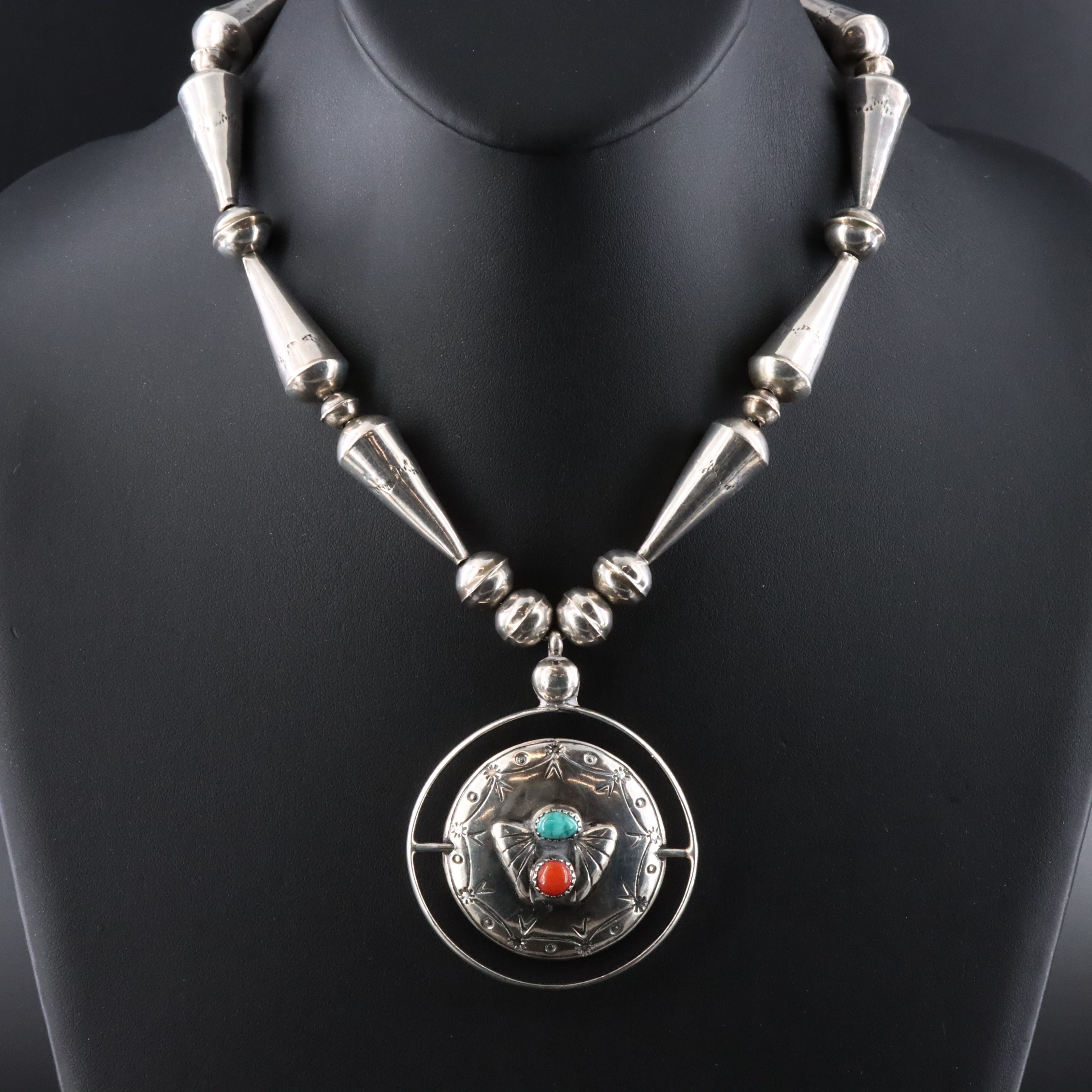 Southwestern Signed Sterling Turquoise and Coral Flip Necklace