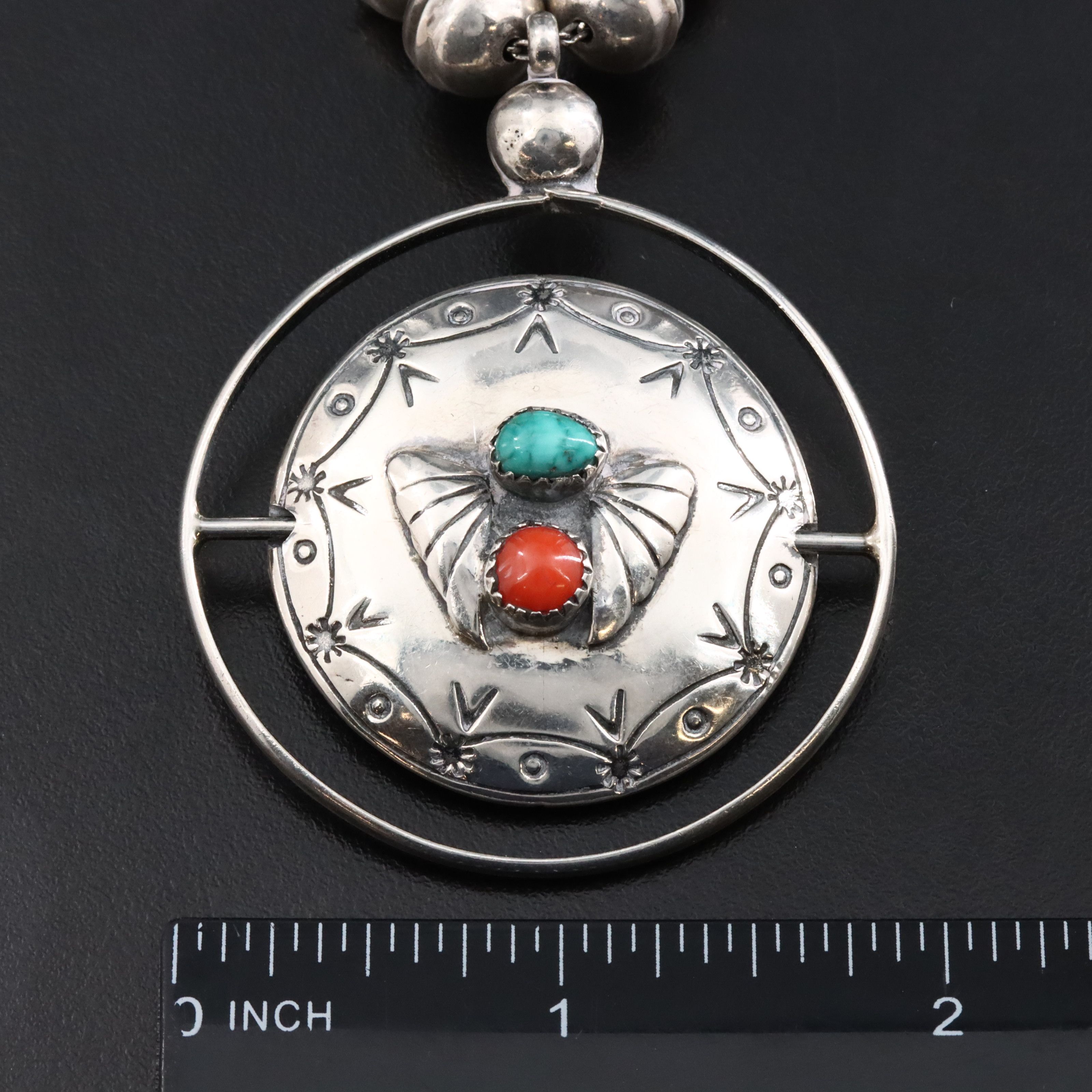 Southwestern Signed Sterling Turquoise and Coral Flip Necklace