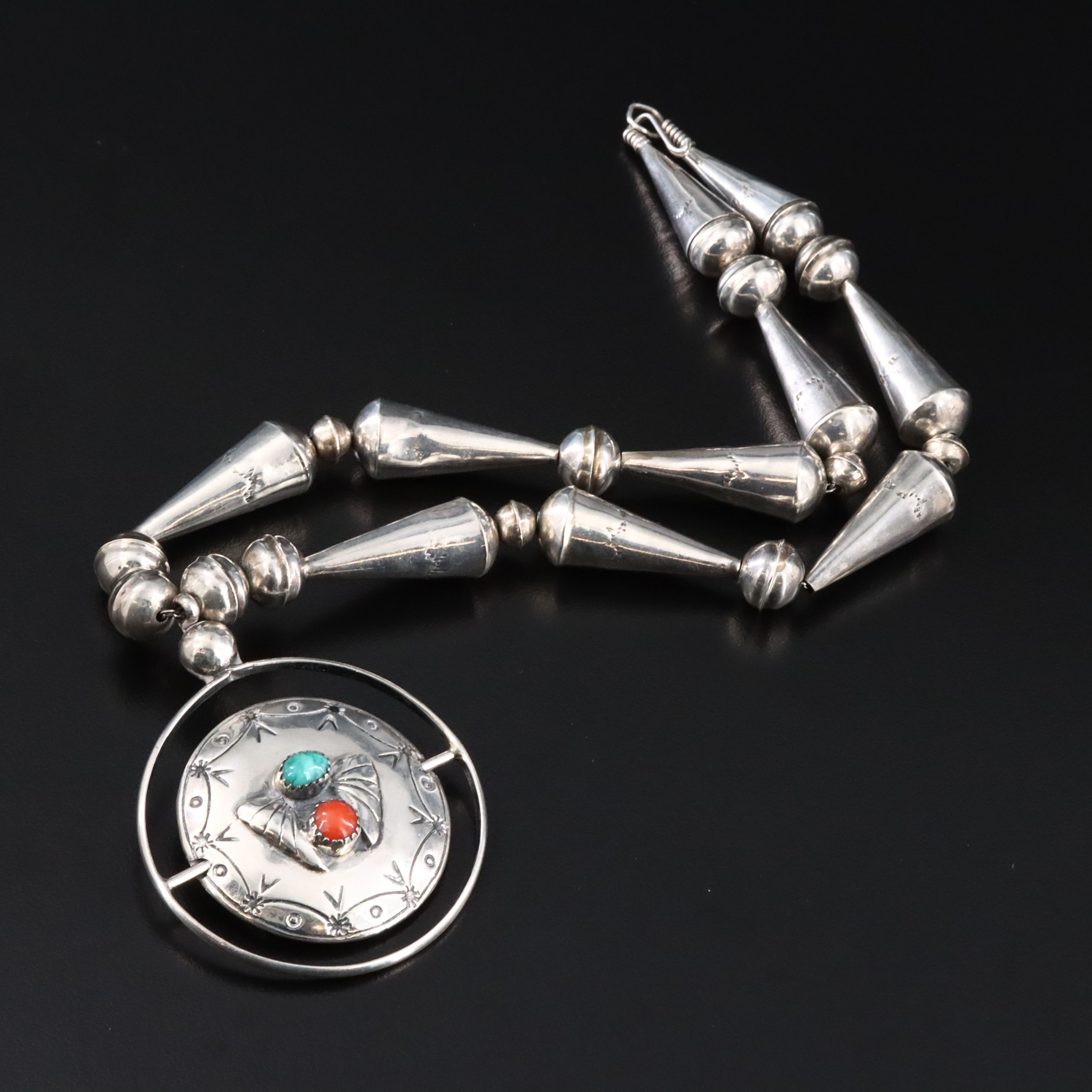 Southwestern Signed Sterling Turquoise and Coral Flip Necklace