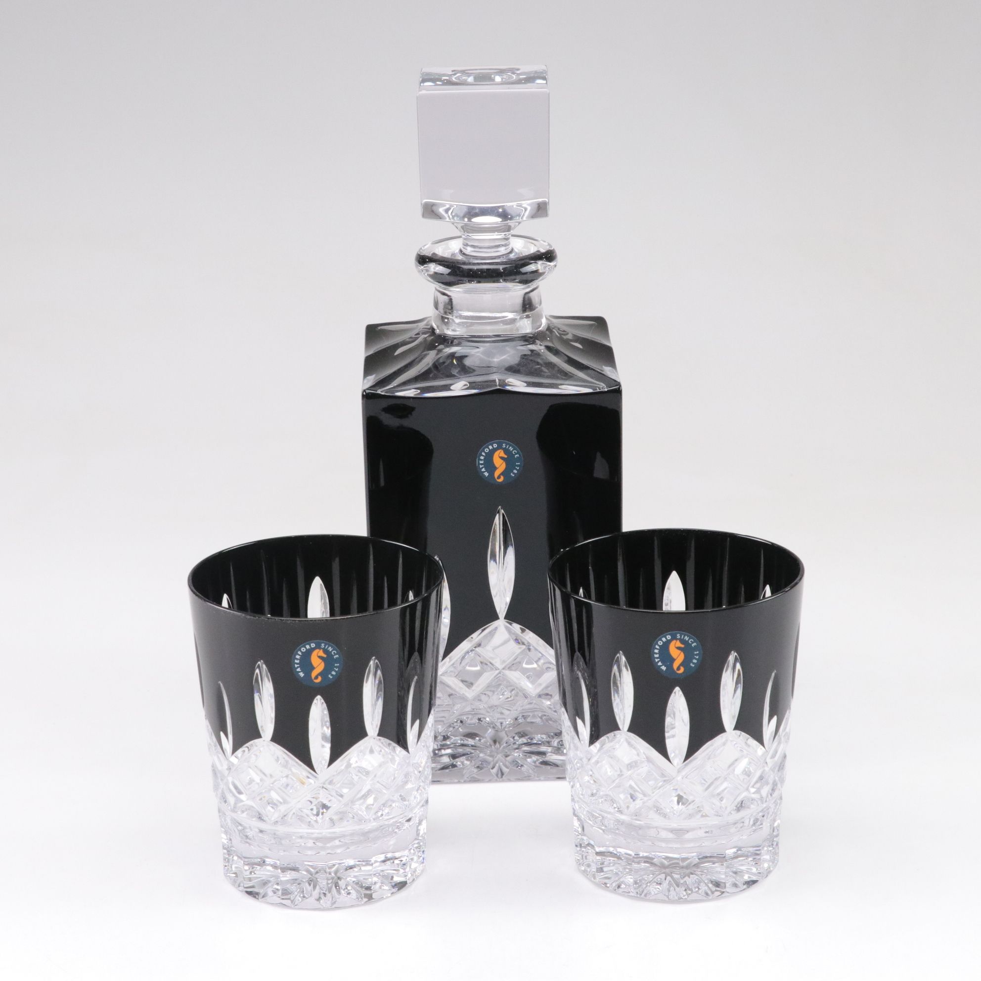 Waterford "Lismore" Black Square Decanter and Double Old Fashioned Glasses