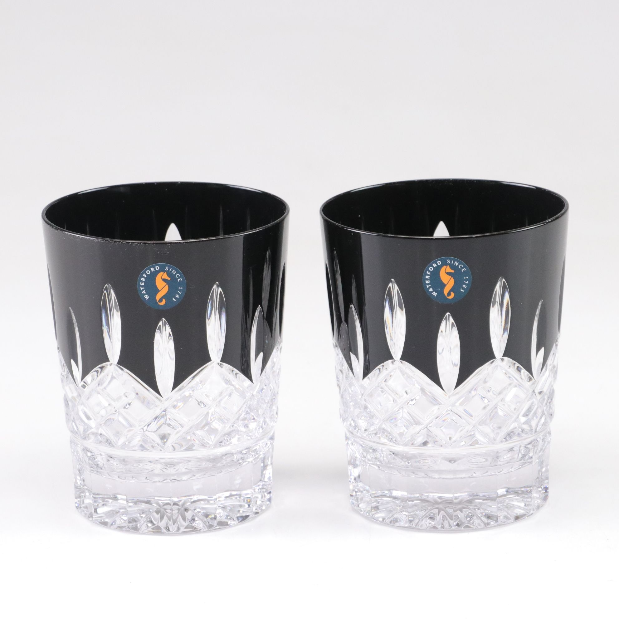 Waterford "Lismore" Black Square Decanter and Double Old Fashioned Glasses