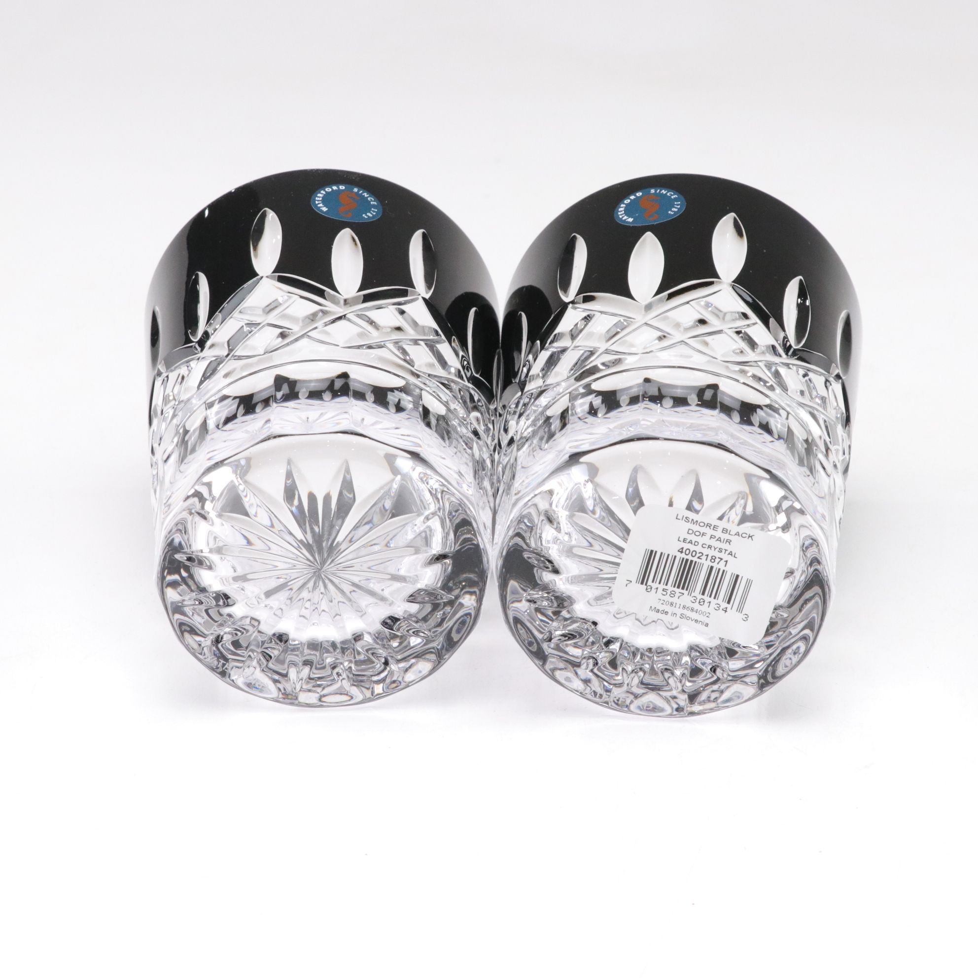 Waterford "Lismore" Black Square Decanter and Double Old Fashioned Glasses