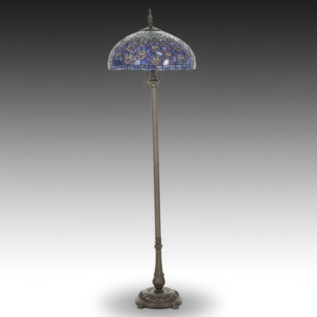 Brushed Brass Finish Floor Lamp With Slag Glass Peacock Feather Shade