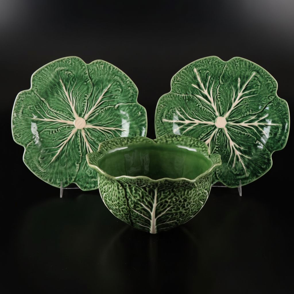 Bordallo Pinheiro "Cabbage" Green Majolica Bowl and Chargers