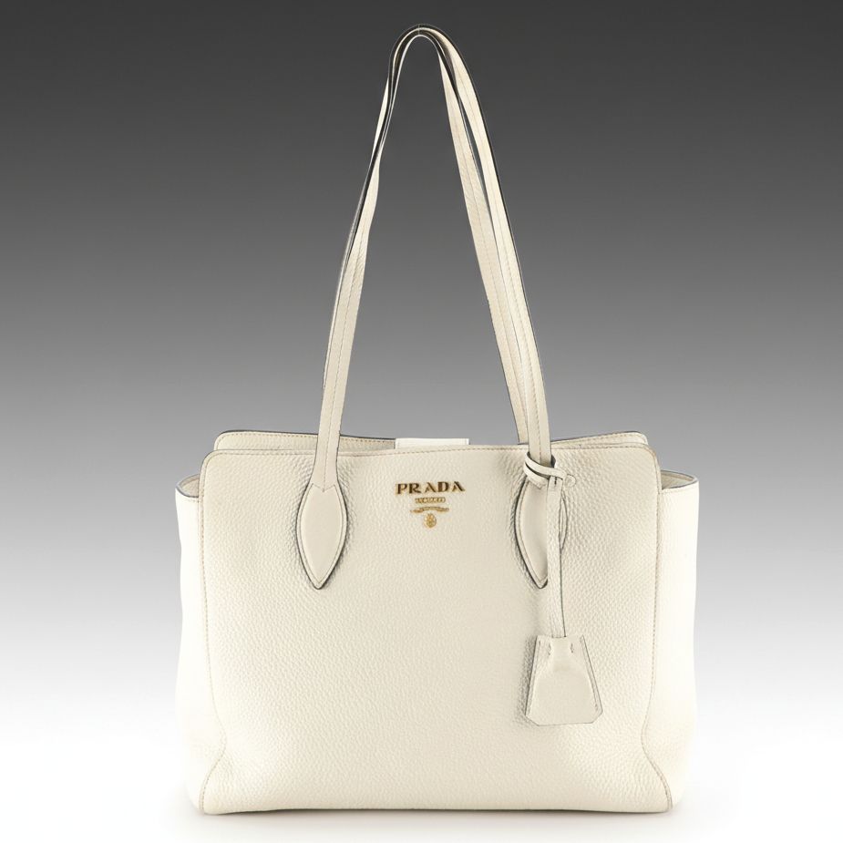 Prada Shoulder Tote in Ivory Vitello Daino Leather