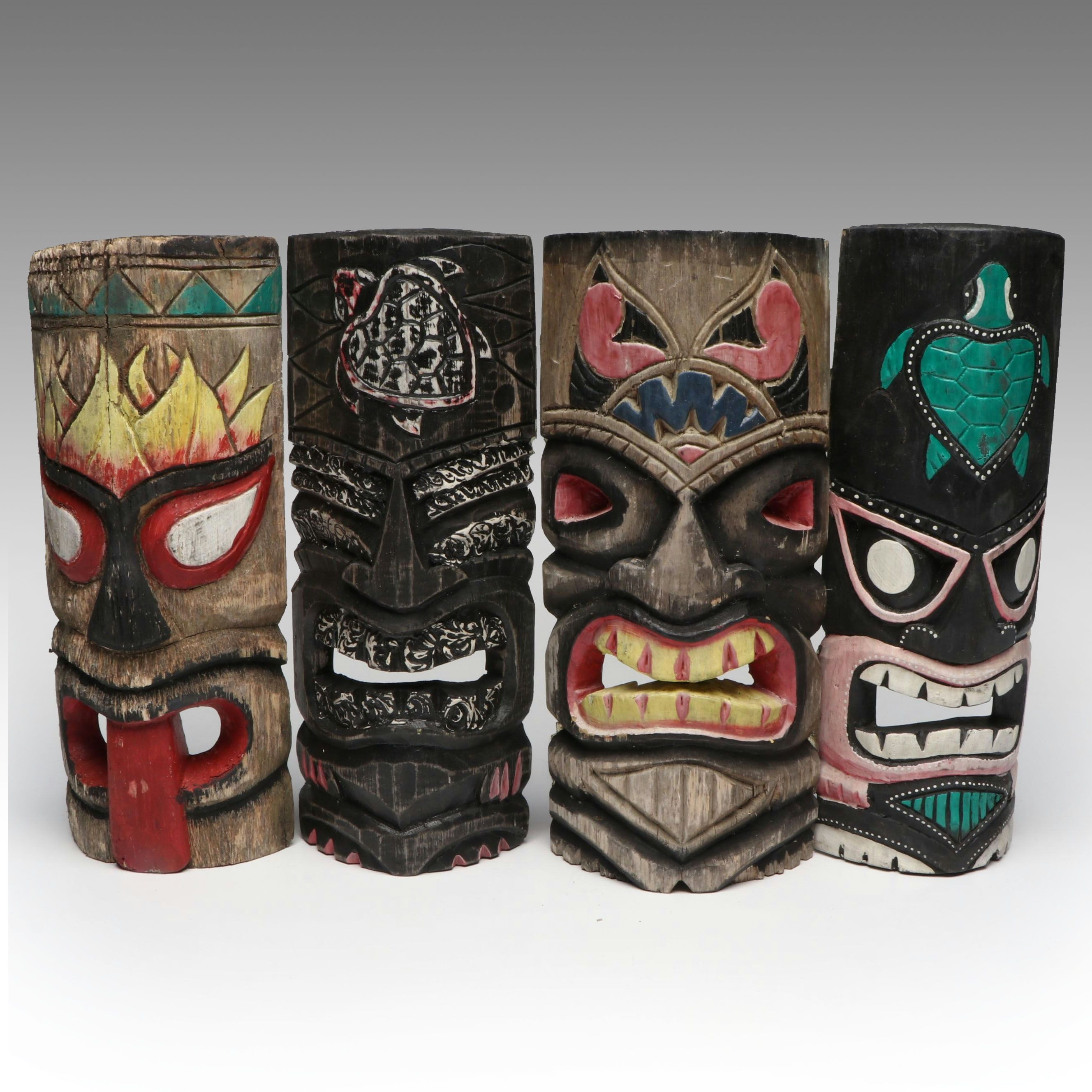 Hawaiian Style Polychrome Carved Wood Decorative Tiki Masks