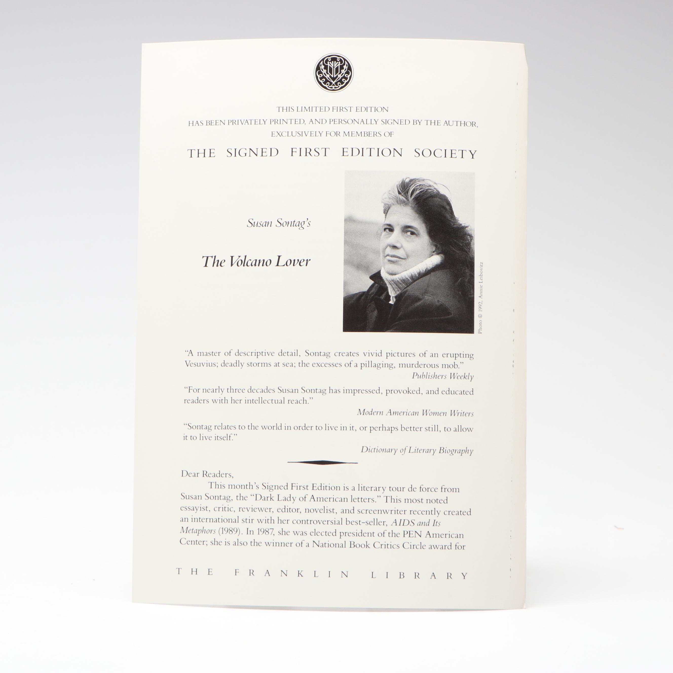 Signed First Edition "The Volcano Lover" by Susan Sontag, 1992