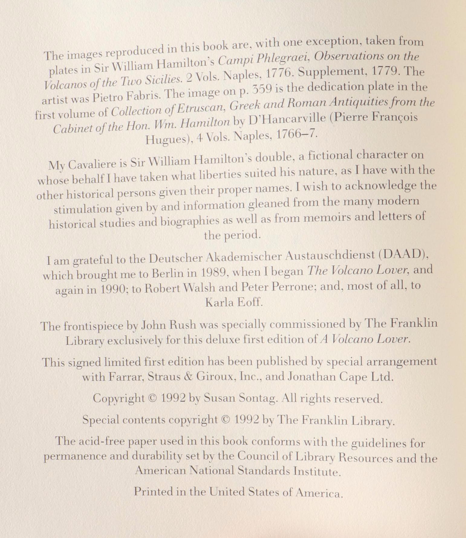 Signed First Edition "The Volcano Lover" by Susan Sontag, 1992