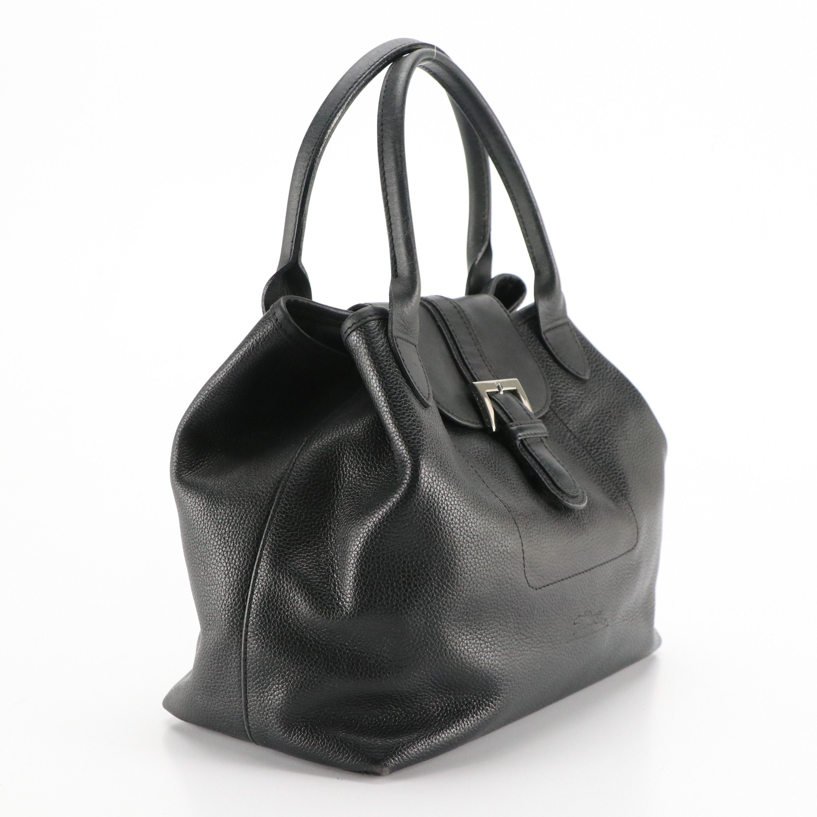 Longchamp Buckle-Flap Handbag in Black Grained and Smooth Calfskin Leather