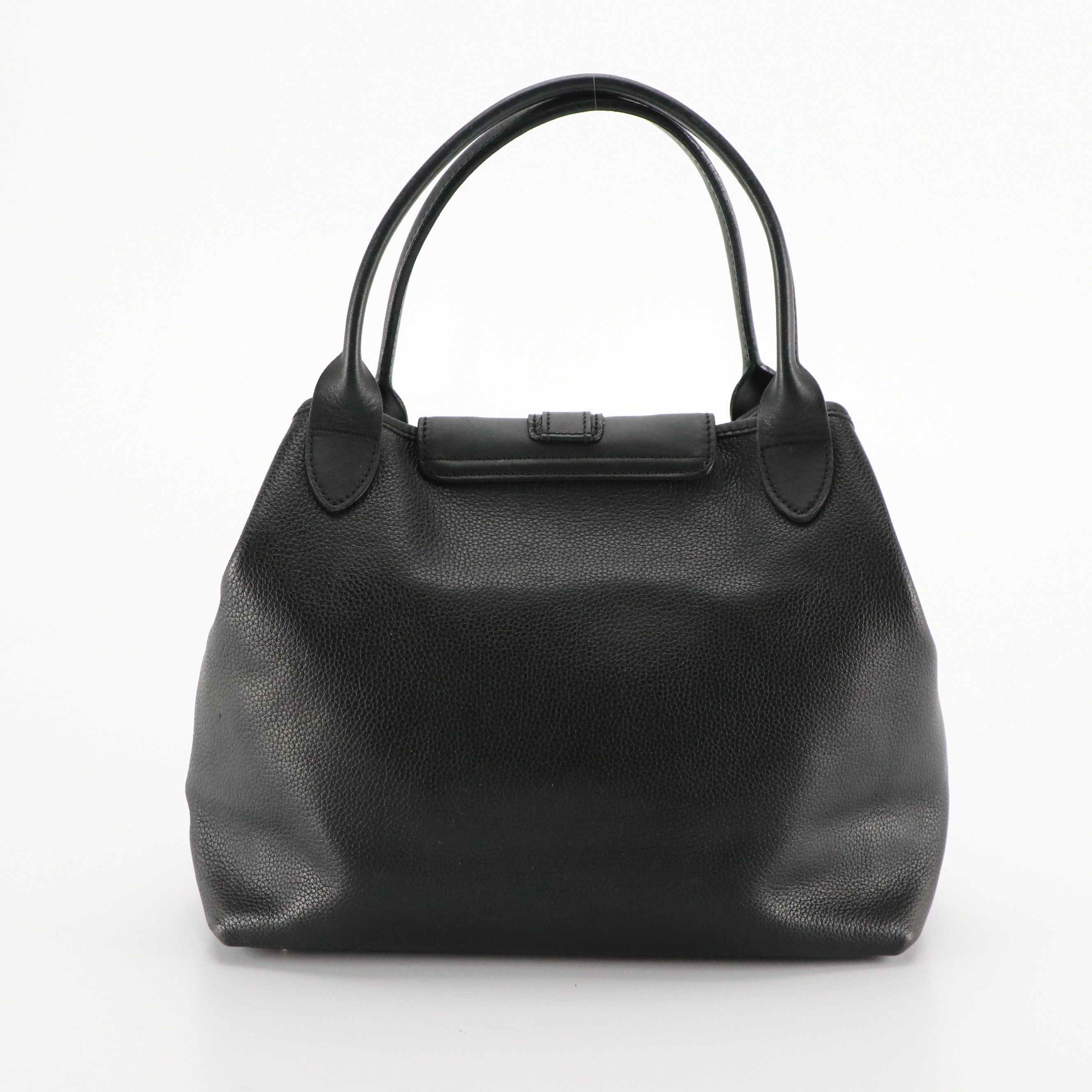 Longchamp Buckle-Flap Handbag in Black Grained and Smooth Calfskin Leather