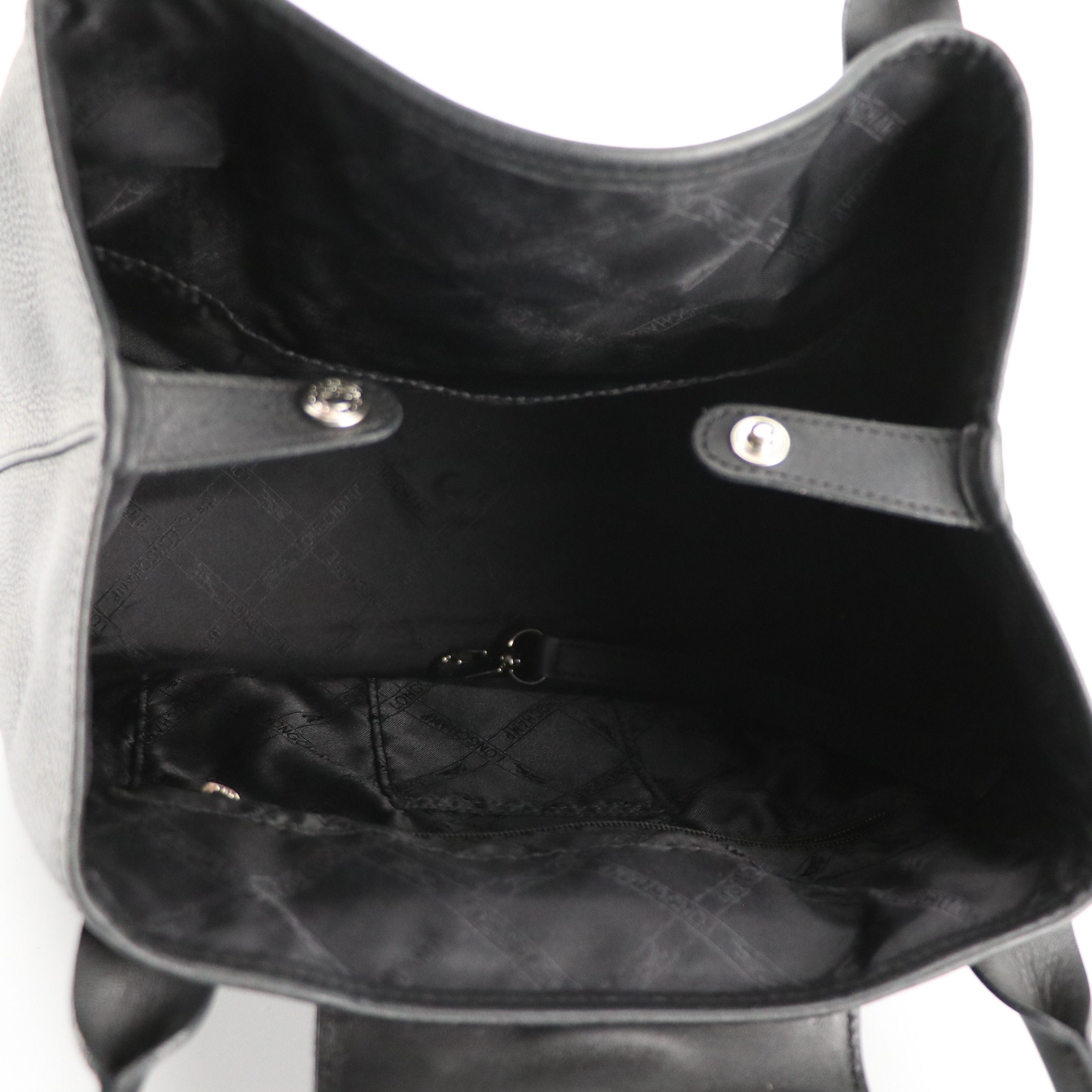 Longchamp Buckle-Flap Handbag in Black Grained and Smooth Calfskin Leather