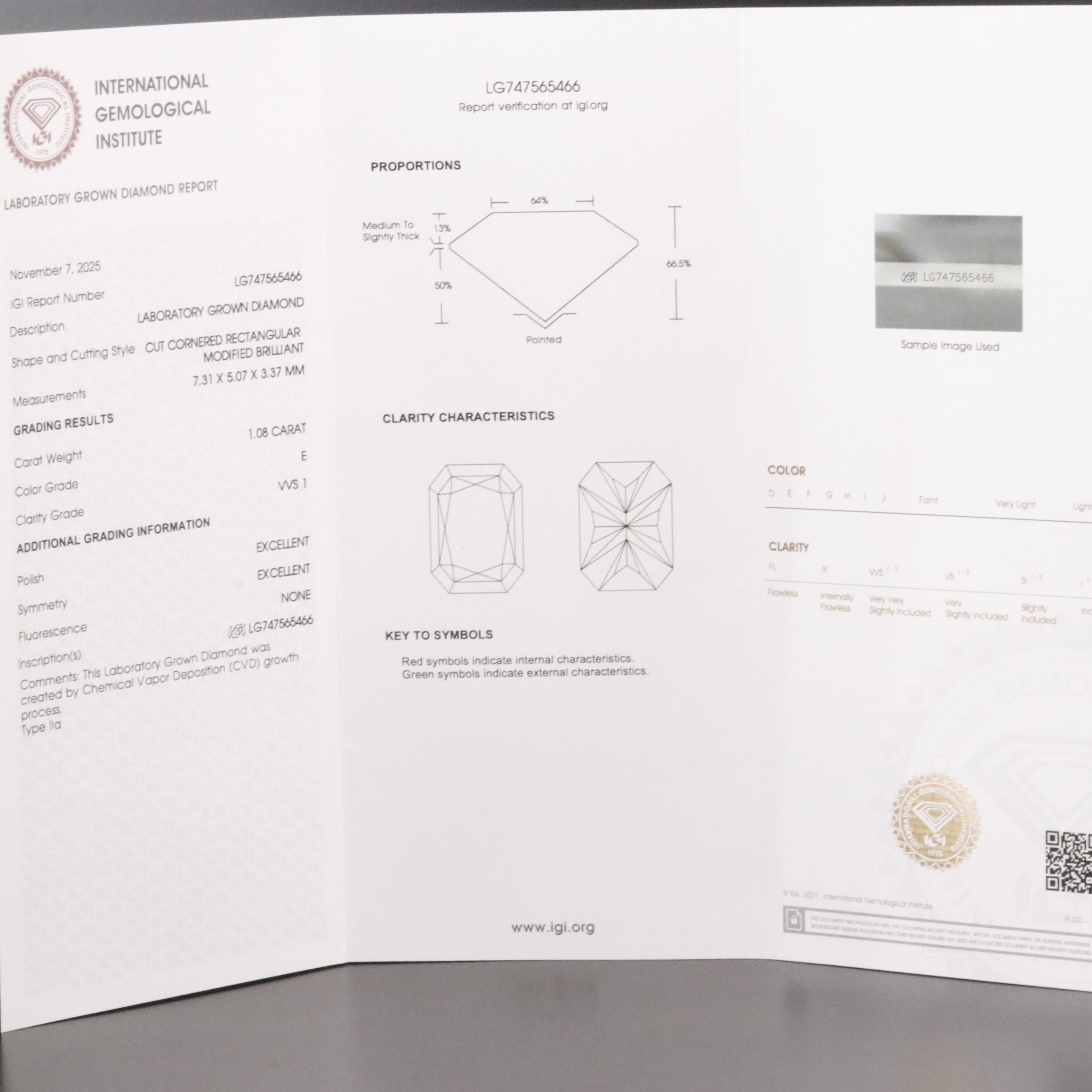 Loose 1.08 CT Lab Grown Diamond with IGI Report