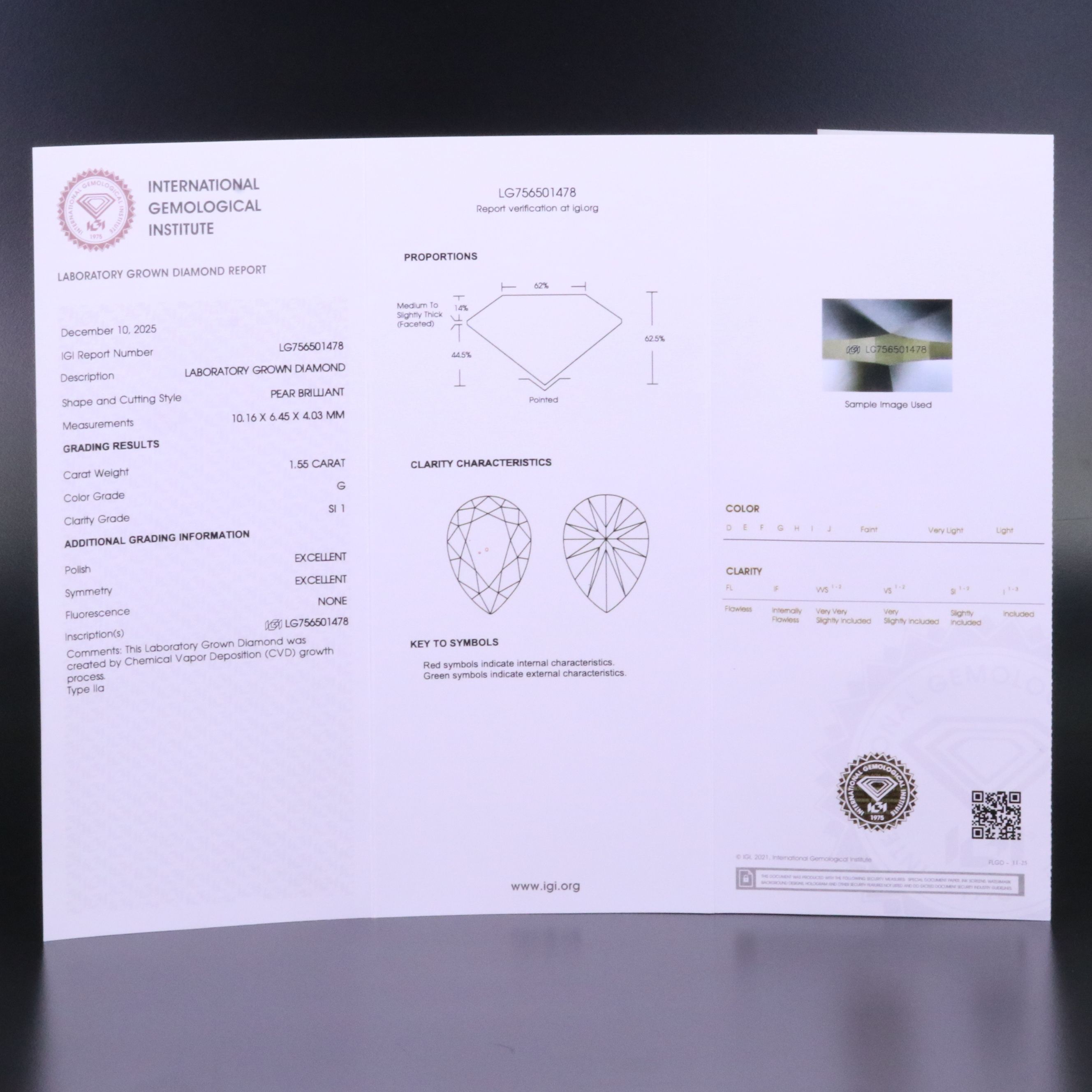 Loose 1.55 CT Lab Grown Diamond with IGI Report